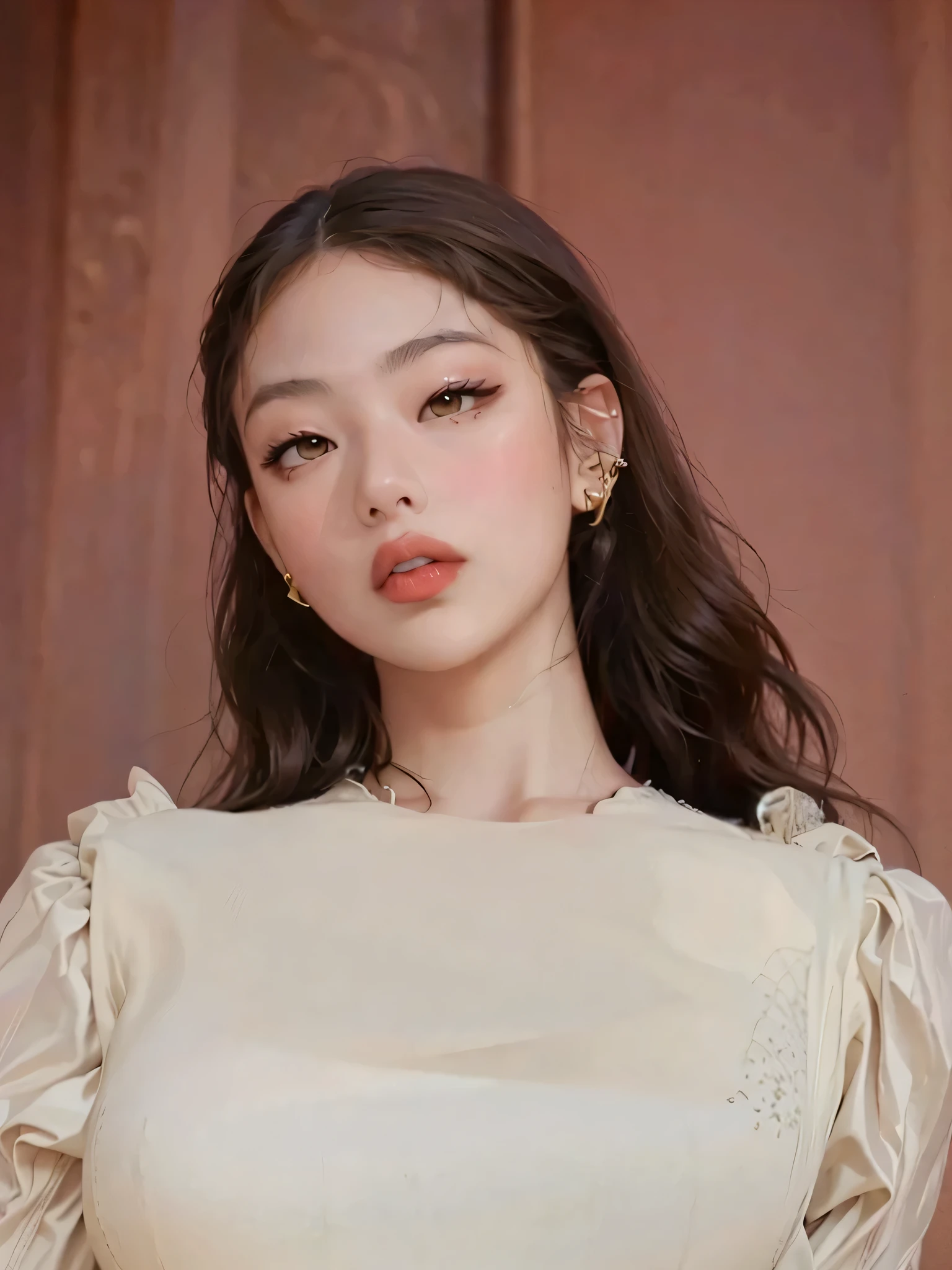 ,almond eyes,   full lips, large and voluptuous  . flirtatious look, , natural , curly hair, deva cassel, victorian dress, corset