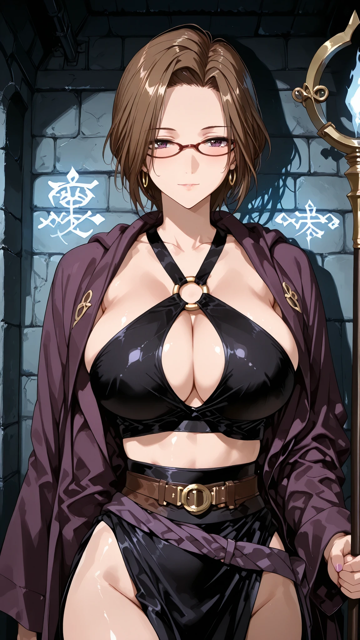 solo, tomoe (accelerando), purple eyes, brown hair, short hair, glasses, mature woman, Tight waist、Small waist、shiny Skin , (upper body), sexy, (adult woman, 25+), score_9, score_8_up, score_7_up, source_anime,(extremely detailed CG), (best quality), a female sorceress delving deep into a dangerous dungeon, wearing a battle-ready mage outfit, black and purple layered robe, reinforced leather armor on shoulders and chest, metal ornaments with arcane symbols, sash with small bags and vials, tall boots, tattered cloak, faintly glowing runes along the hem of her clothes, staff emitting soft blue light, dramatic shadows, dark fantasy style, highly detailed, Huge breasts, Extra thin waist