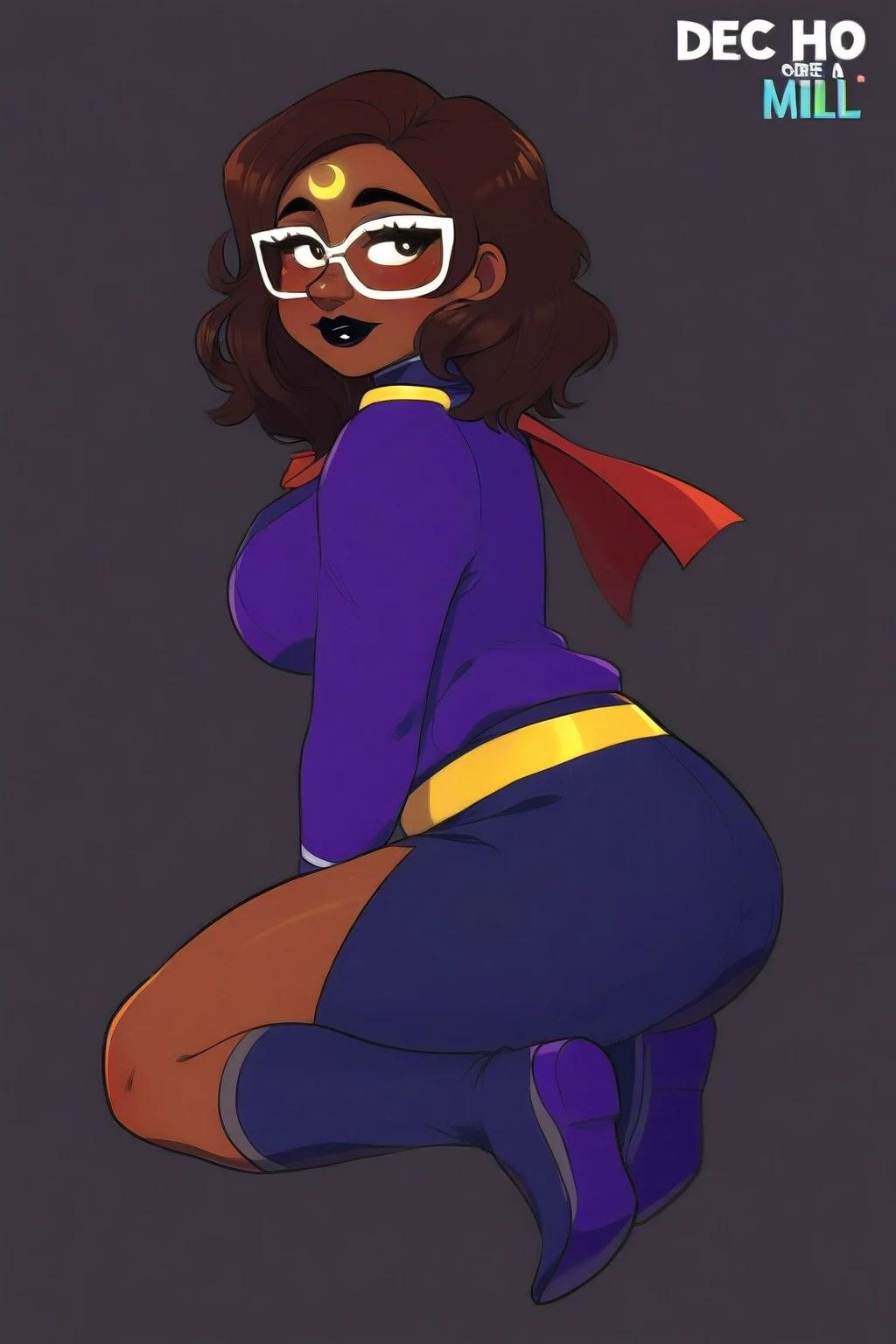 score_9, score_8_up, score_8, volumetric lighting, vibrant colors,  Nonbinary, blackmailed, (Indian, glasses,  brown skin, short androgynous black hair,  very curvy, wide hips, chubby,, rounded face, , oval brown eyes,  raised eyebrows, smiling, crossdressing, femboy, adult, crossdressing, androgynous,  trying to hide face, beautiful face, (, frilly black lace panties,  tight dark purple skirt, dark purple long stocking  , thigh high boots, elbow gloves, black slutty corset, ) , sexy pose