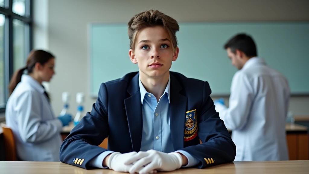 A young male twink, cute, beautiful, feminine, with a beautiful face with makeup, black hair, and his eyes have dark circles under them. He is wearing a long-sleeved aquamarine shirt and white jeans. He is in the College of Medicine, studying on the blackboard with brain written on it. He is sitting at a desk with scientific books on it. Medical and brain manuscripts