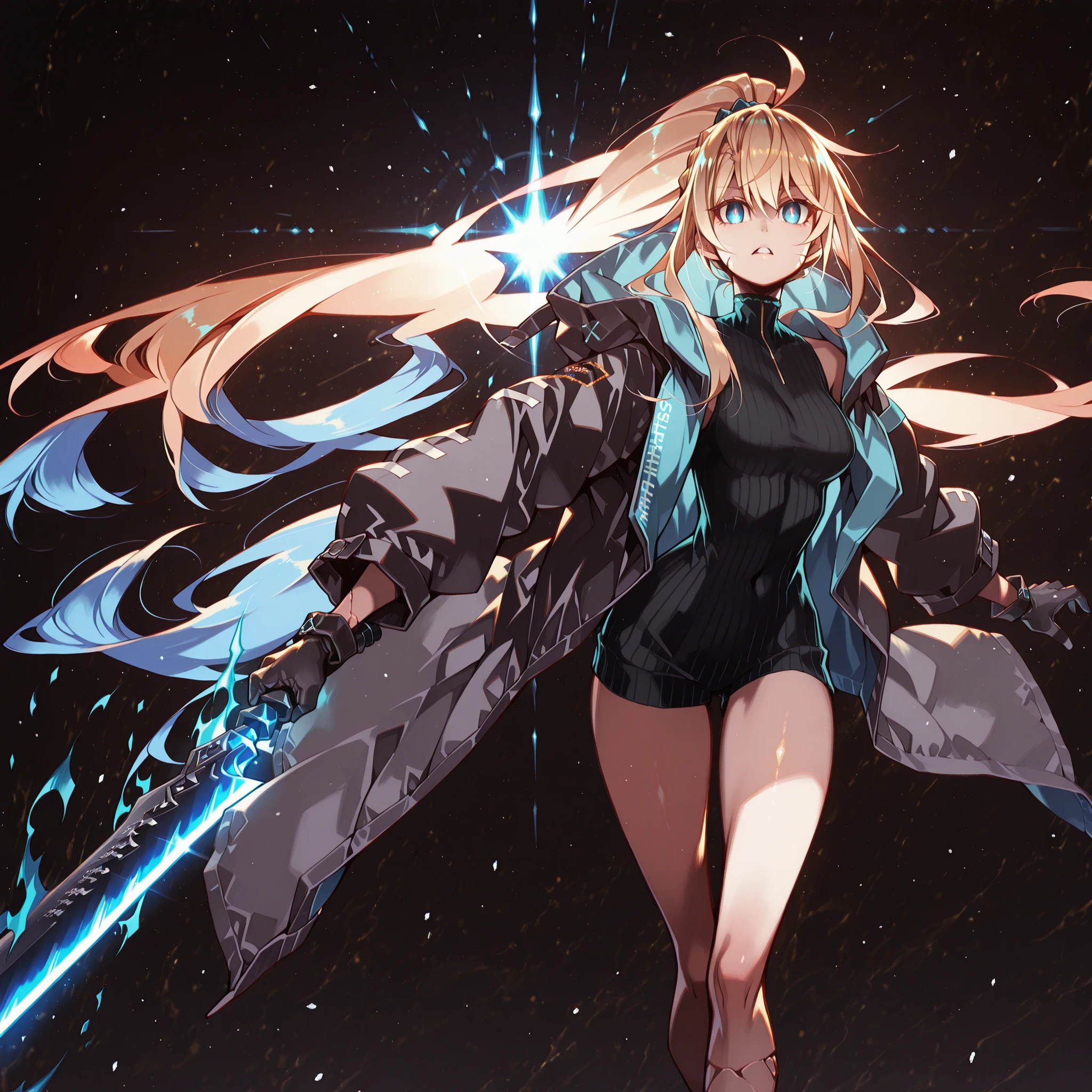Alone, 1 girl, solitary female character, a young teenager about 1.5 meters tall. She stands alone against a deep black background, making her stand out vividly. Her physique and height are exactly like Terakomari Gandesblood from The Vexations of a Shut-In Vampire Princess.
She has long, blonde hair, similar to Sylpha Langlis (but blonde). Her hair is styled in a Shikei style and tied in a very long ponytail.
Clothing:
Her eyes are visible and bright blue, shining clearly toward the viewer. Her eyes are bright blue, clearly exposed. Her eyes are bright blue, clearly exposed. Her blue eyes are fully visible.
She wears a black turtleneck sweater that extends halfway down her thighs. Her thighs and legs are exposed. The most important feature is her black coat with blue accents—identical in every detail to Amiya’s coat from Arknights: same fabric, cut, blue highlights, length, hood design, zippers, proportions. Coat fits perfectly, no slipping. Gloves like Amiya's from Arknights
Pose and Expression:
Black background, sensual stance, wide , , slim waist, petite body. Dynamic motion pose: one leg forward, torso slightly twisted, coat and ponytail flowing. She conjures a large blue flame in one hand while holding an immense black greatsword with a glowing blue blade in the other. The colossal sword looks like stone, cracked, releasing energy from the fractures. The blade is blue. The blade is blue. The blade is blue. The blade is blue. She controls a bright blue flame in her free hand. She controls a bright blue flame in her free hand.
Atmosphere and Style:
Youthful energy. Ultra-detailed, sharp, clean anime style. Deep black background with cinematic lighting emphasizing her short stature and powerful aura. Perfect image, perfect face, perfect eyes, hair styled in Shikei style.