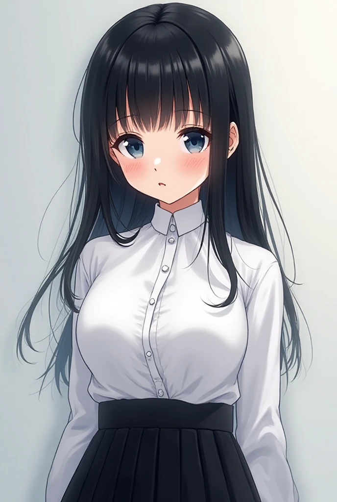 ((masterpiece,best quality anime,Highest quality:1.3)),realistic,cowboy shot,1woman,(2 beauty),((very small head:1.4)),((very long body:1.4)),straight long hair,black hair,(gorgeous big eyes),black eyes,shy,((slender body:1.4,skinny:1.3)),,(white collared shirt,Long sleeve),((pleated navy )),sweat:1.3,gleaming skin,shiny skin,standing,Simple bed、Simple bedroom、Tokyo、