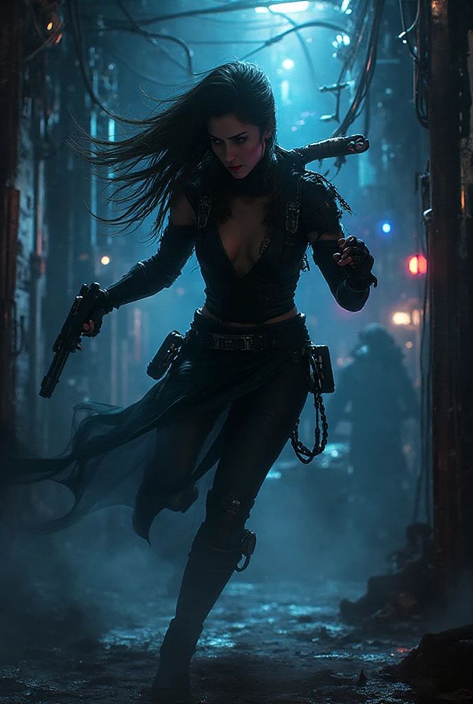 hiperrealistic, real texture photo, at night, some buildings in the united states, bars, purple phosphorescent lights, and a single woman with black hair and blue eyes, small nose,super pretty in a short strapless black leather dress, and some black leather boots, and two katanas on his back, head on, brillitos
