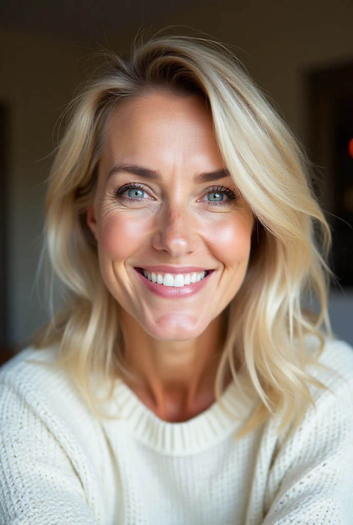 photo of a skinny very old wrinkly-faced faced mature blonde messy long hair thrown into a messy bun ponytail. She wears: (turtleneck soft high ribbed bright turquoise super tight sweater:1.1),   pose, high tight ribbed neck,  smile, perfect fake tits,  eager granny, teasing sexy old lady,  on her face, drenched in  