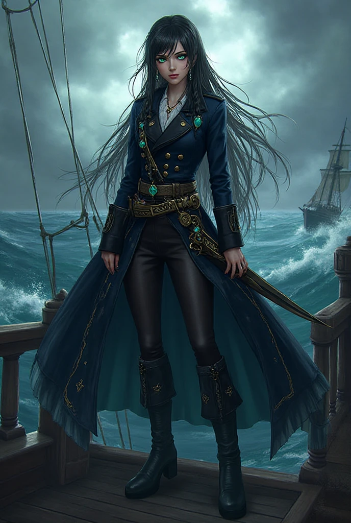 A beautiful and fierce pirate queen, long dark hair, intense eyes, full red lips, wearing an ornate pirate captain's uniform, standing on the deck of her ship, ocean backdrop, dramatic lighting, cinematic composition, highly detailed, photorealistic, intricate details, stunning colors, dramatic shadows, moody atmosphere, (best quality,8k,highres,masterpiece:1.2),ultra-detailed,(realistic,photorealistic,photo-realistic:1.37),cinematic lighting,dynamic pose,dramatic expression,elaborate costume design,detailed ship in background,stormy ocean waves