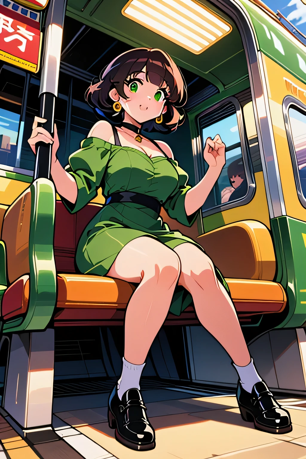 Lorretta thrown on a short, loose, green cotton dress and black brogues without socks. She clung to each pole on the way down the tram car