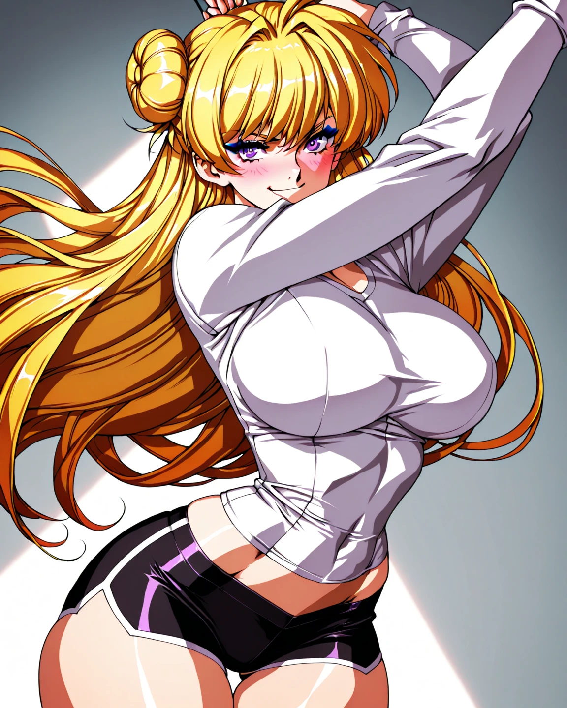 (high detailed) 18 yo's girl, voluminous hairstyle, yellowish white hair, pink eyes, busty, gorgeous body, yellow Elizabeth's clothes, yellow Elizabeth's skirt, upset face, hands in waist