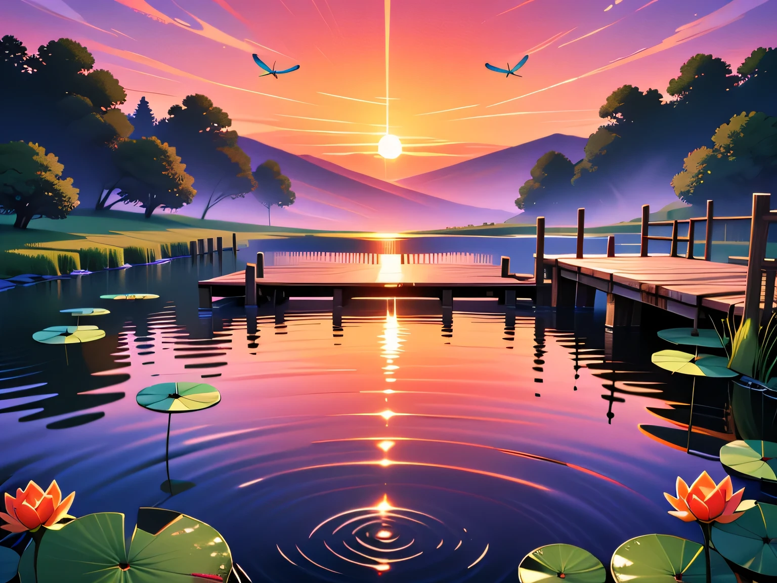 A weathered wooden dock extending towards a tranquil turquoise lake reflecting the vibrant colors of a fiery sunset. Dragonflies flit over lily pads, casting dancing reflections on the water's surface. Sharp focus, ripples in water.