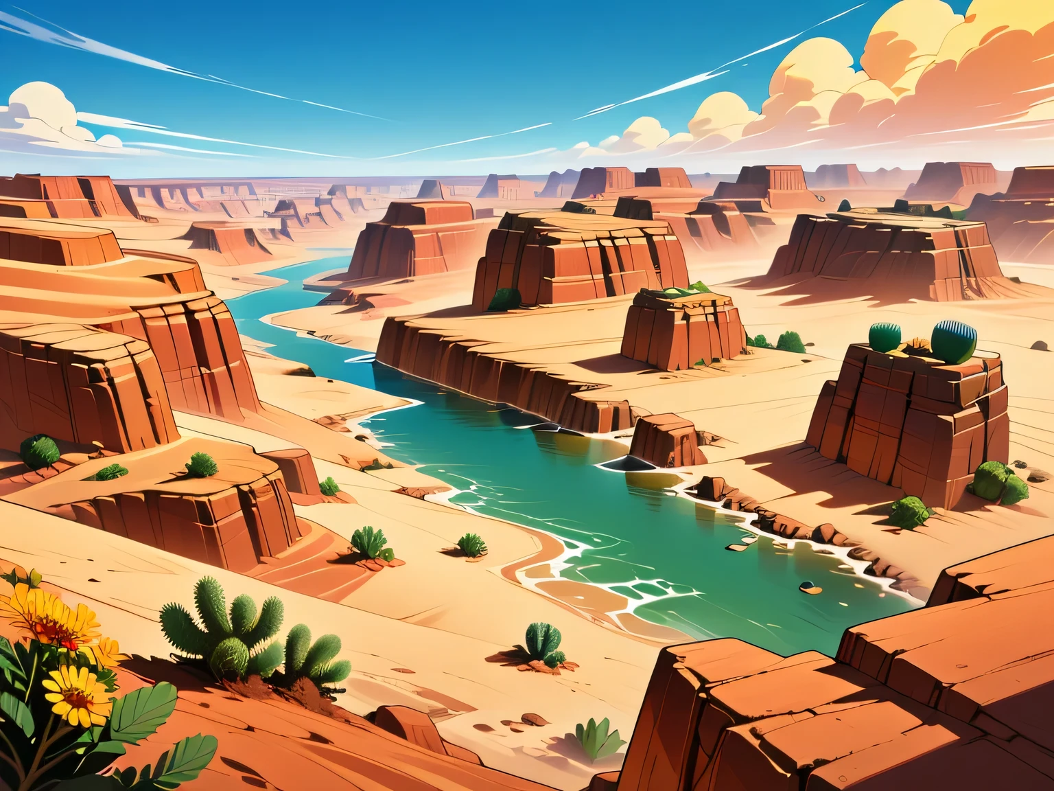 An intricate network of canyons carved by ancient rivers, layered in vibrant ochre and rusty brown hues. Dotted with hardy cacti and bursting desert wildflowers. Ancient looking rock formations, sunbaked textures.