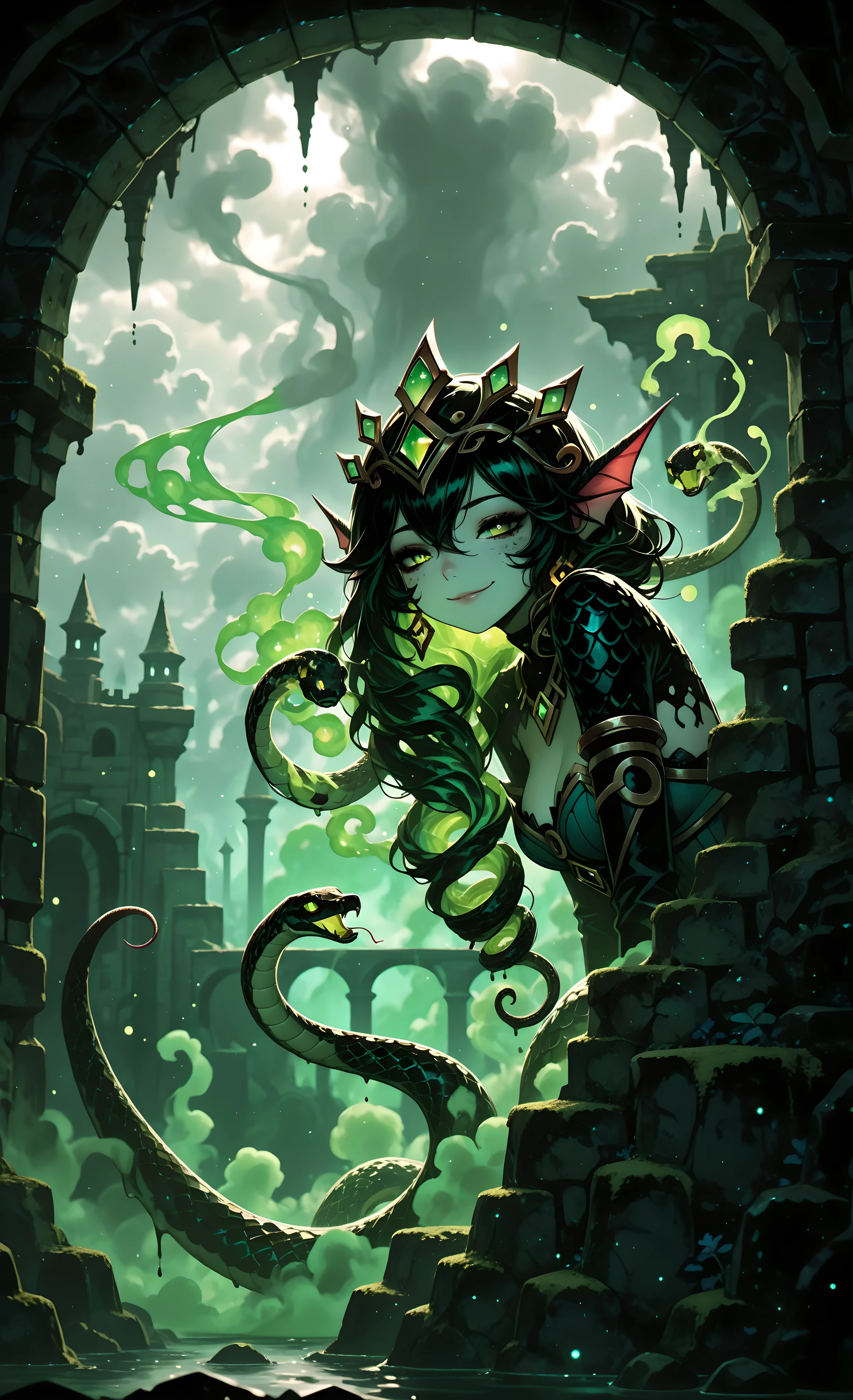 masterpiece, best quality, very aesthetic, absurdres, 8k, dramatic lighting, high contrast, 1girl, Cassiopeia from League of Legends, beautiful serpent woman, cunning smile, seductive expression, lower body is serpent tail, scales, (claustrophobic dungeon:1.5), low ceiling, cramped space, narrow underground chamber, stone arches, dripping water, (dense swirling green smoke:1.5), thick toxic mist, clouds of vapor, glowing green sludge, puddles of mucus, snakes slithering through smoke, moss-covered walls, volumetric fog, heavy atmosphere, cinematic, detailed face, intricate jewelry, gold accessories, purple and gold color scheme, side view, looking at viewer, mysterious atmosphere, fantasy, dark fantasy, hyperdetailed, Unreal Engine 5, (smoke clouds filling the cramped dungeon:1.4), underground tunnel system