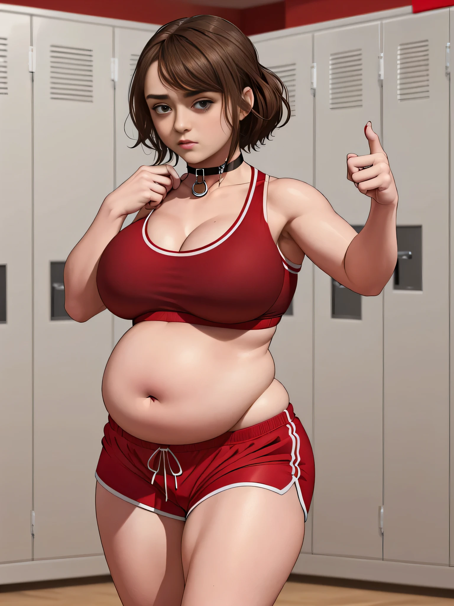 ((Masterpiece)), perfect , perfect shading, field of depth, (best quality), extremely delicate and beautiful, perfect lighting, detailed face, ultra cute face, cute, (cowboy shot 1.2), looking at viewer, (((1girl))), (((solo))), cheerleader

 short hair, fluffy hair, brown hair, green eyes, ((blush))), (cheerleader uniform), (blue and white tank top 1.2), (short section red skirt 1.2), thigh highs, chocker, extremely tight clothes, large breasts, cleavage, perky breasts, (wide hips), ((thick thighs)), (chubby), chubby belly, 

 School gym, intricate background, detailed background, sweaty, out of breath, hands on hip