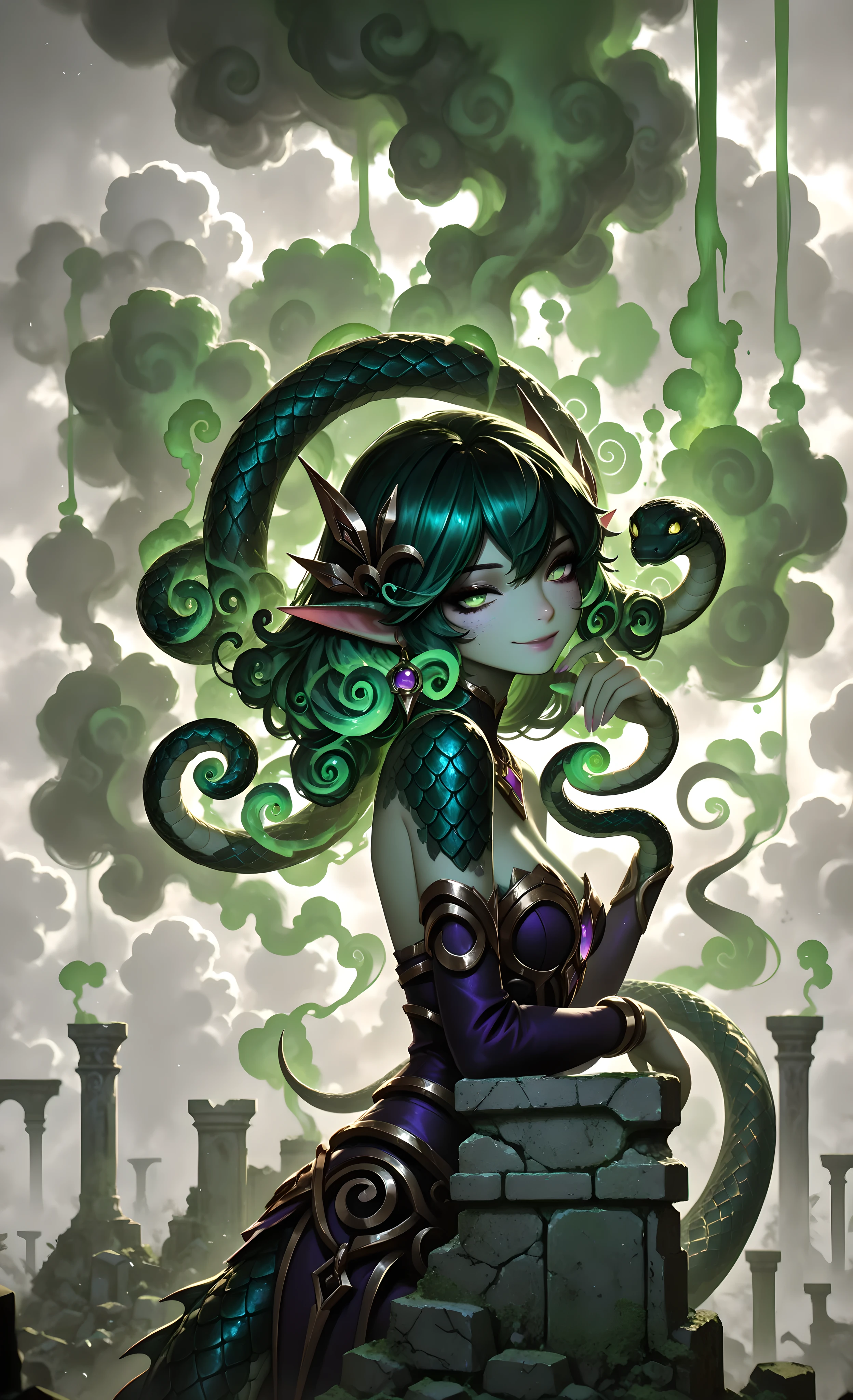 masterpiece, best quality, very aesthetic, absurdres, 8k, dramatic lighting, high contrast, 1girl, Cassiopeia from League of Legends, beautiful serpent woman, cunning smile, seductive expression, lower body is serpent tail, scales, (dense swirling green smoke:1.5), thick toxic mist, clouds of vapor, glowing green sludge, puddles of mucus, snakes slithering through smoke, stone ruins, moss-covered walls, volumetric fog, heavy atmosphere, cinematic, detailed face, intricate jewelry, gold accessories, purple and gold color scheme, side view, looking at viewer, mysterious atmosphere, fantasy, dark fantasy, hyperdetailed, Unreal Engine 5, (smoke clouds filling the dungeon:1.4)