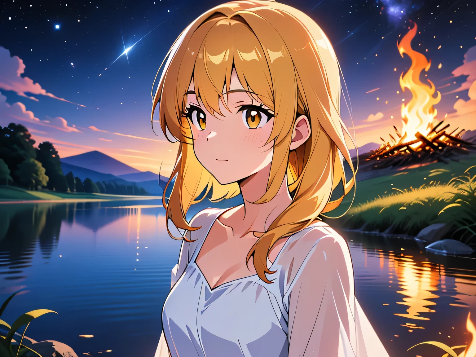 A lone woman in a white linen dress gazes at a star-studded sky reflected on a calm lake. A bonfire crackles nearby casting warm light across her face. Romantic, golden hour light, soft focus on background stars.