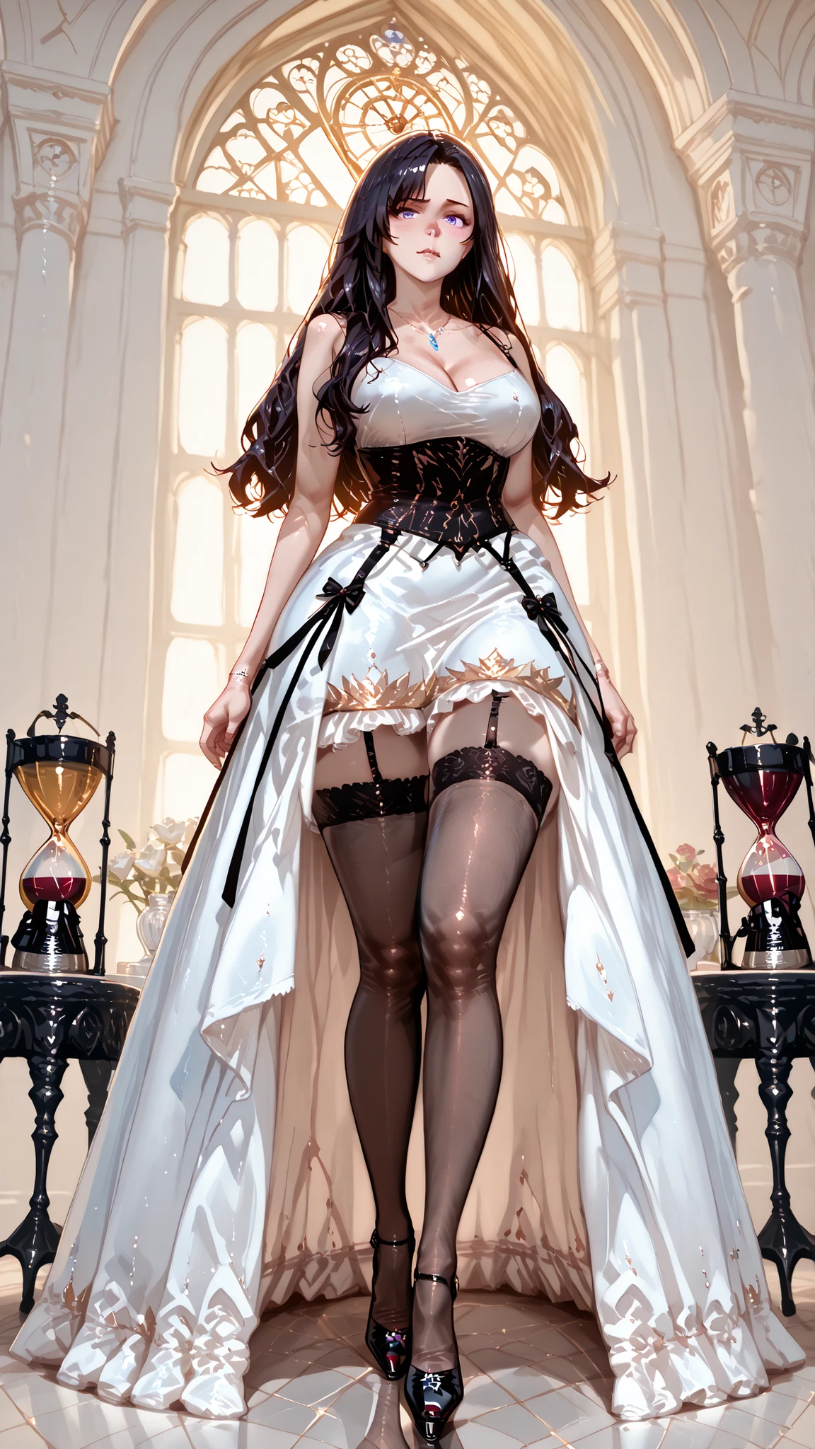 Full body, zoomed out, semi-realistic image of two female characters in their mid-twenties with hourglass figures and ivory skin. One has blond hair and blue eyes, wearing a simple elegant off-white dress with a deep V-neckline and a tiered skirt. The other has obsidian dark purple-black hair and purple eyes, wearing a long wine-red satin dress with thin straps, bustier neckline, daring side slit showing a black garter over sheer stockings, and pointed-toe black patent heels. They are posed elegantly like in the described image, depicting perfect waifu material in a stylish and sophisticated manner.