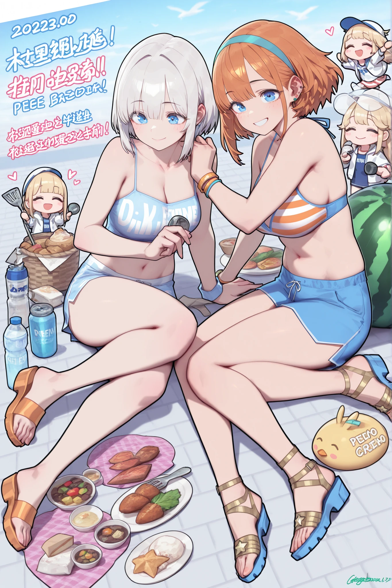 two Very beautiful girls, Gorgeous Face, completely blond hair, summer cloths,  smile, short hair, gestual, de pé, full body , fundo branco, happy