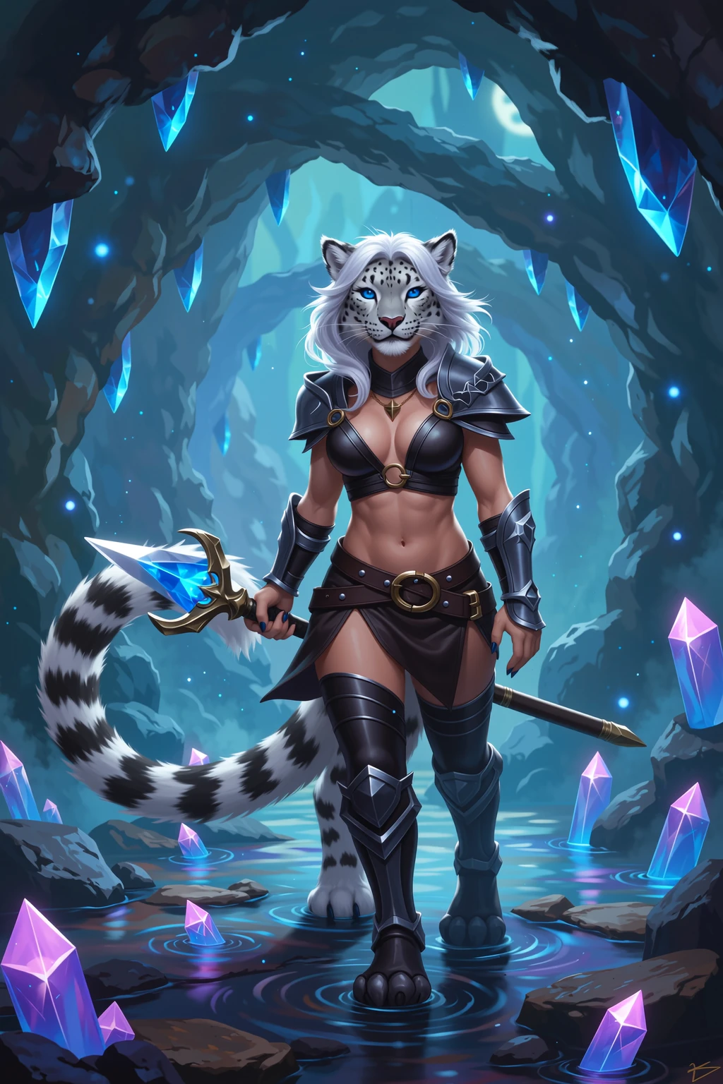 high details, best quality, 16k, [Ultra detailed], masterpiece, best quality, (extremely detailed), dynamic angle, ultra wide shot, RAW, photorealistic, fantasy art, RPG art, realistic art, a wide angle picture of an epic female drow elf ranger and her pet (white tiger: 1.3),  warrior of nature, fighter of nature, full body, [[anatomically correct]] full body (intricate details, Masterpiece, best quality: 1.5) talking to am epic (white tiger: 1.3) (intricate details, Masterpiece, best quality: 1.6) armed with an epic magical sword  (intricate details, Masterpiece, best quality: 1.5) epic magical sword fantasysword sword, glowing in blue light , in dark forest ( intricate details, Masterpiece, best quality: 1.4), a female beautiful epic drow wearing leather armor (intricate details, Masterpiece, best quality: 1.5), leather boots, thick hair, long hair, white hair, black skin intense eyes, forest  background (intense details), moon light, stars light, clouds (intricate details, Masterpiece, best quality: 1.5), dynamic angle, (intricate details, Masterpiece, best quality: 1.3), high details, best quality, highres, ultra wide angle, dungeons and dragons