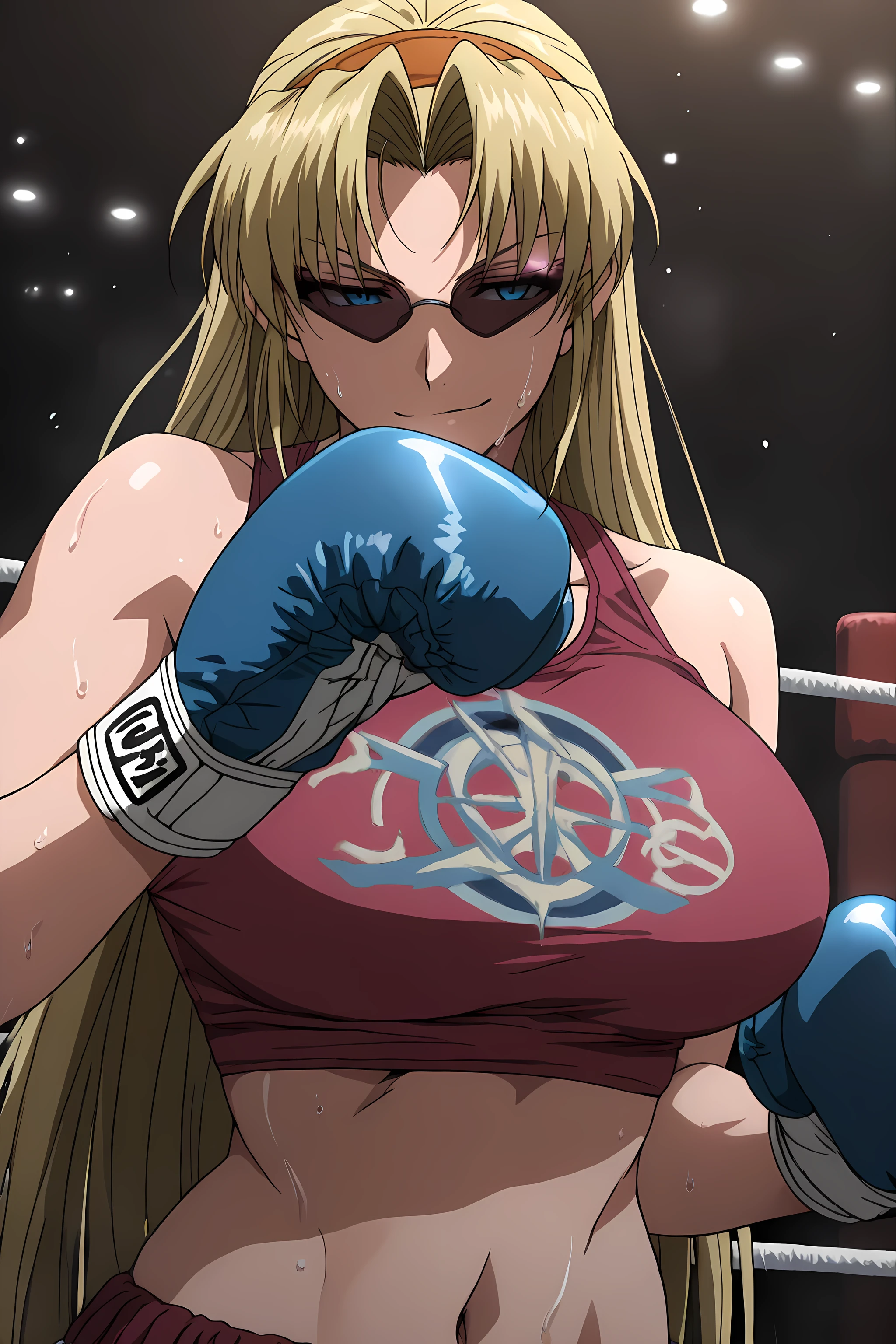 ,high calidad, Perfect , masterpiece,aesthetic,Ultra HD, 100 fps ,<lora:Eda_SDXL_IL_V1:1>,e1d22,1girl,solo,blonde hair,long hair,straight hair,orange hairband,blue eyes,sunglasses,boxing gloves,large breasts,pink crop top, midriff, navel, sweating, light smirk