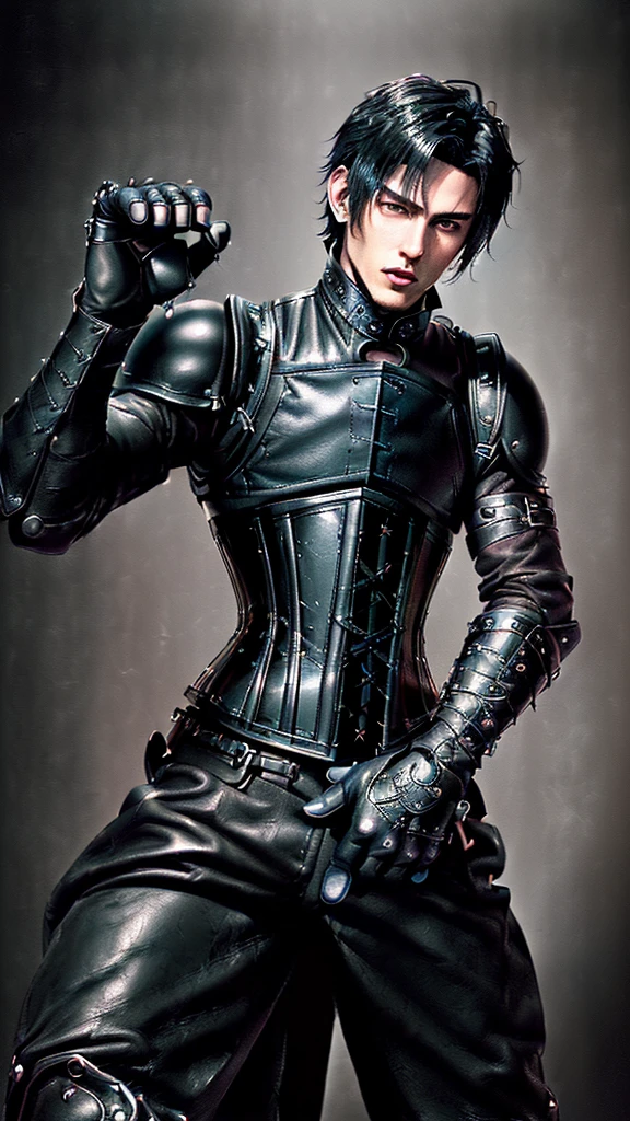 ((Final Fantasy taste reality graphics)), ((young, cute and cool ikemen  boy)),(((1 boy))),,his age is early 20s, thin eyebrows and beady eyes, ((he is wearing black shiny thin and coverall latex catsuit with front zipped up)),((catsuit is long sleeve)), ((put on black shiny and coverall full finger latex glove on both hands)),((catsuit,glove and corsets is very tight-fitting)),((black color long length race-up leather boots)),((also put on leather corset, with many belts, girth and both wrists)), ((((put on a black neck corset, vertical width is very long length and thick)))), ((cool atmosphere)),((dont show finger)),((boy is must no ???? hands)),,((all clothes is smooth taxtrue)),((boy is average height and weight medium build)),,,(((((boy put on black leather human muzzle mask,all covered from under the nose-to-chin, with leather big blindfold and multiple leather belts)))))
