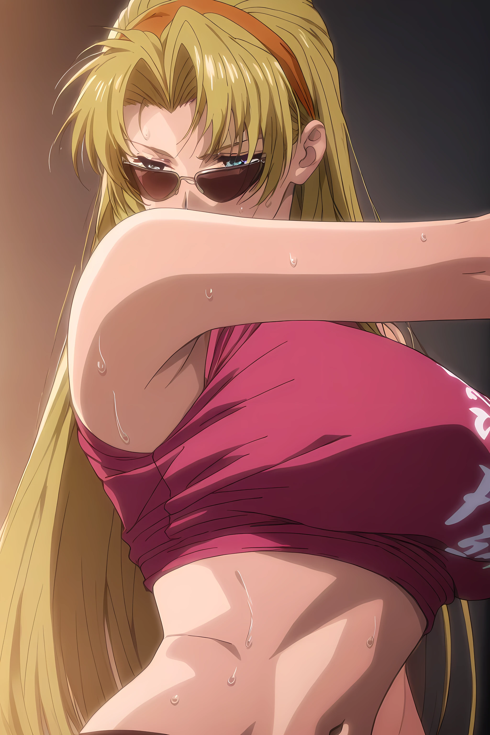 1girl, solo, young mature, <lora:Eda_SDXL_IL_V1:1>,e1d22,1girl,solo,blonde hair,long hair,straight hair,orange hairband,blue eyes,sunglasses,large breasts,pink crop top,clothes writing, navel, midriff, sweating