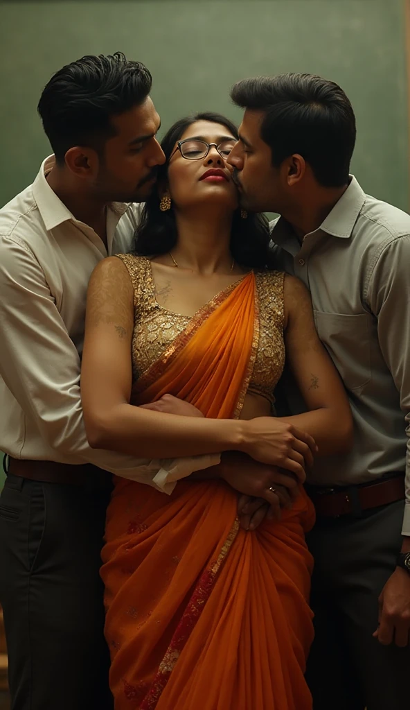 35mm film photography, A middle-aged Caucasian man with short dark hair tenderly embracing and kissing a young, curvaceous South Indian bride dressed in a traditional Indian dawani in a comfortable living room. A group of three Caucasian men observing the couple., high detail, split gradient colors background, full body image 