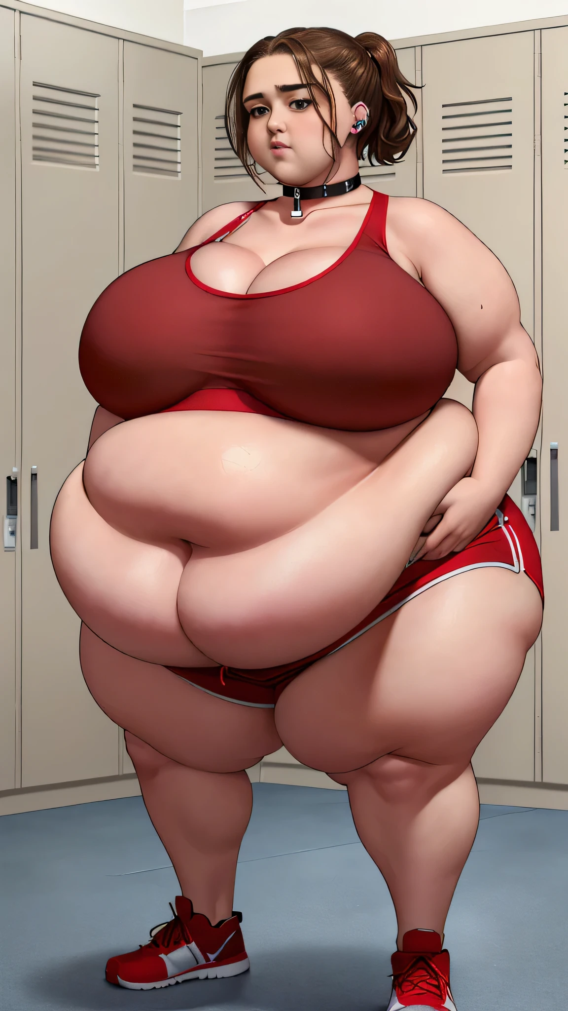 Maisie Williams, (Maisie Williams:1.5), masterpiece quality, (masterpiece quality:1.3), realistic, (realistic:1.5), detailed, 1girl, solo, (solo:1.9), brown hair, (brown hair:1.5), bobbed hair, (bobbed hair:1.5), in a gym locker room, (in a gym locker room:1.5), wearing red sports bra, (wearing red sports bra:1.5) midriff, (midriff:1.5), wearing red gym shorts, (wearing red gym shorts:1.5), wearing choker collar, (wearing choker collar:1.5), fat body, gigantic breasts, (gigantic breasts:1.5), obese belly, (obese belly:1.5), too fat to move, fat blob body, SSBBW, (SSBBW:1.5),