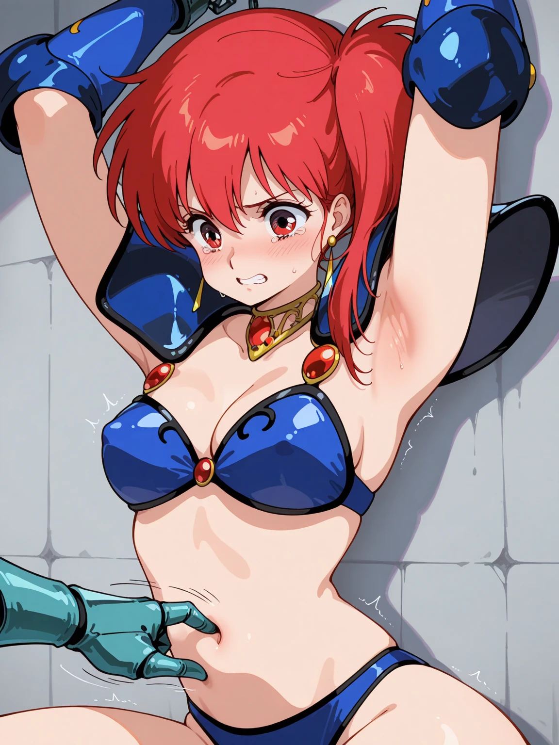 <lora:YohkoAsagiri001:0.7>,
solo,
YohkoAsagiri,1girl,red hair,Side ponytail,brown eyes,
choker,
shoulder armor,bikini_armor,
arm armor,
armored boots,
full body,squatting,