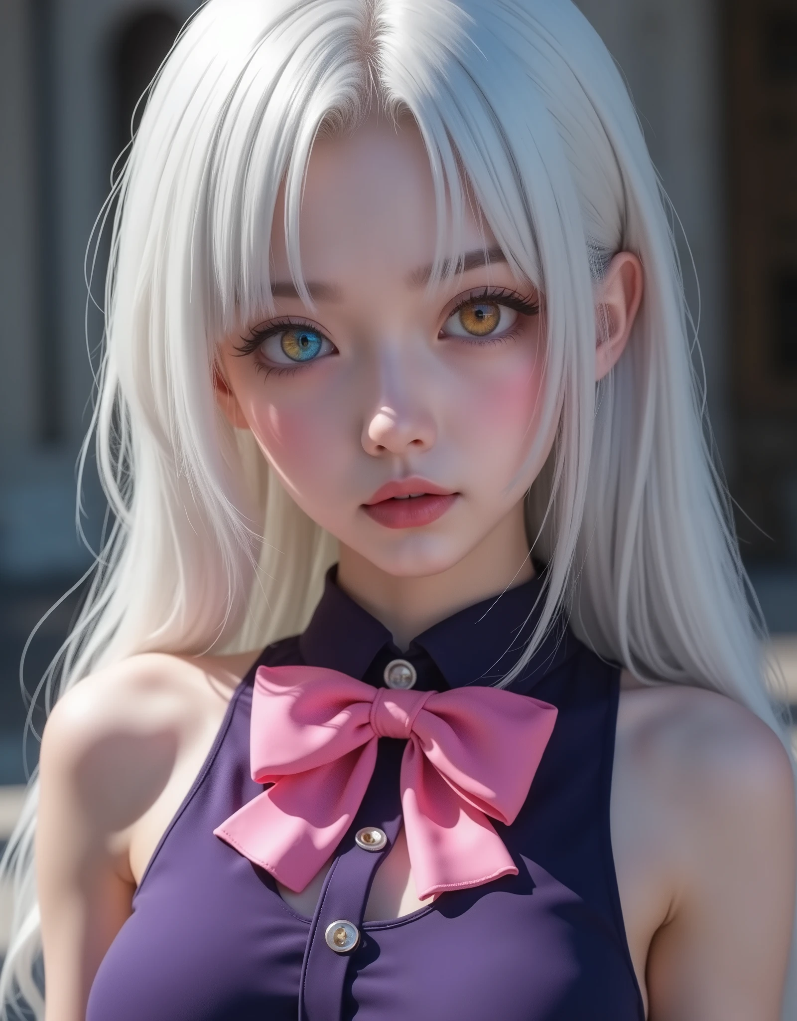 close up (hyperrealistic) Elizabeth Liones' Seven Deadly Sins,((white hair)),ultra-detailed eyes with ((heterochromia)) yellow gold and blue,emphasized bust,her outfit is a tight sleeveless dark purple shirt with its back exposed with white buttons,Wear a (pink bow tie),He wears his ((bare shoulders)),(RAW photo),(photorealistic),(hyperrealistic),(Masterpiece),(High Quality),(definition 8k ),(clothing),(resolución absoluta),(exquisite details),(hdr), estilo hyperrealistic,iridescent effects,background with heavenly atmosphere,motion picture lighting,dynamic contrast of light and shadow