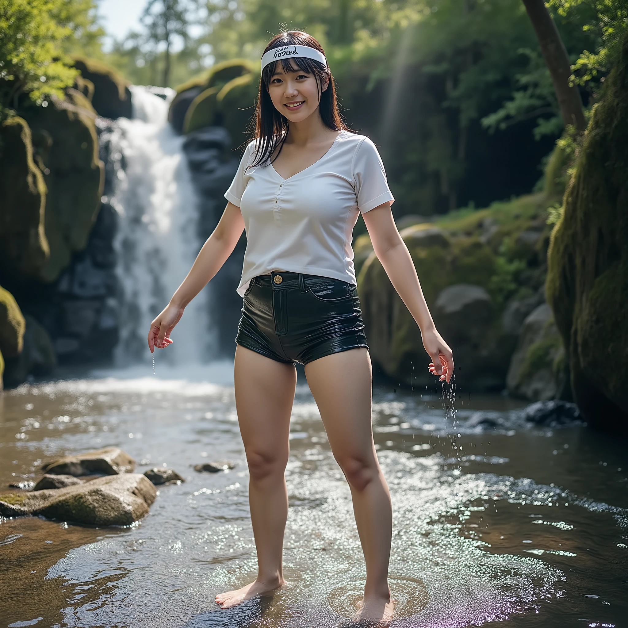 『A Japanese woman:1.3』『raw photo:1.3』top quality:1.2、normal woman who isn't beautiful、Country-smelling 、(Saggy Chest、narrow waist:1.2))、((35 year old woman))、not wearing makeup『is showing her teeth and laughing:1.2』、(((anatomically correct、PERFECT ANATOMY、anatomically correct指の本数)))、Realistic, top quality, Ultra High Resolution, RAW photo, (thin waist:1.5)、Saggy Eyes、Round face outline、((A photograph of a woman in full view(A full body photo of a woman) - standing, long shot, full legs, elegant dress
:1.3))、((Full Body Portrait:1.3))、(((a full body photo of a woman, perfect hands, realistic fingers, 5 fingers on each hand, natural pose)))、
Cinematic Style、professional shooting、create white fog、A beautiful 18-year-old Japanese woman wears short sleeve Japanese high school uniform and long pants、In the head「Passed」written on it。I'm practicing barefoot under a mountain waterfall。the water from the waterfall flows down to her body、from a 45-degree side perspective。The expression is focused and calm, and is wrapped around a white headband with、Hands tie the signs、her long hair and clothes are wet with waterfall splashes。the surrounding area is surrounded by lush forests and mossy rocks、the afternoon sun is still leaking through the trees Create a pattern of light and shadow、creates a mysterious and quiet atmosphere。in harmony with nature、best quality、Ultra High Resolution、masterpiece、very fine details。