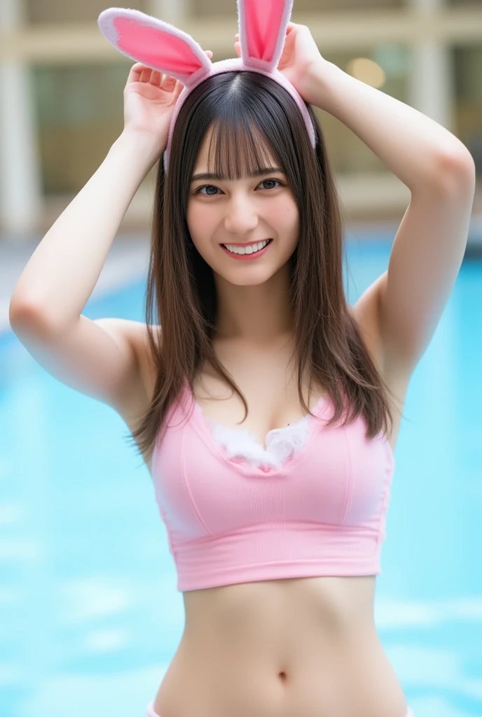 One girl,  Only one, Park Background, 30 years old, Professional Lighting,  (Highest quality, 128k, masterpiece), とても美しいLong face, Japanese Model, Big Breasts, clavicle,  Ultra HD, (Photorealistic:1.1), RAW Photo, Natural landscape, Very large breasts, Very big eyes, Black brown hair, Standing, Standing全身, Smile, Full body photo, Colorful Patterned , Shiny Bikini, Long face 