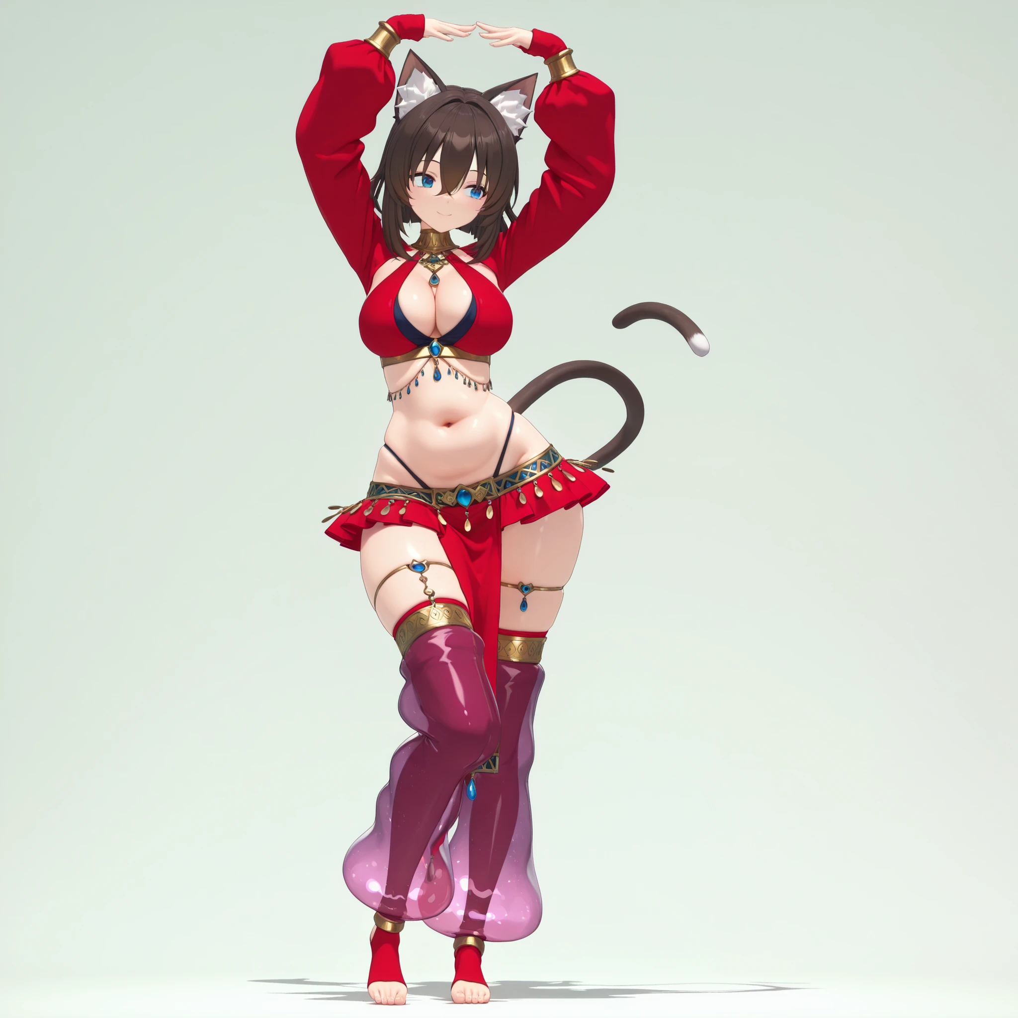 (1girl, solo, cat girl, dark brown hair, medium hair, hair between eyes, blue eyes, cleavage, midriff, navel, sagging belly, wide hips, thick hips, harem outfit, genie, long sleeves, simple top, thong, short skirt, long pelvic curtain, high thigh socks, toeless socks, very baggy oversized leg warmers, barefoot, body jewelry, standing, dancing, arms up, happy, stylish, graceful, glamorous, sexy, charming, cute, full body, beautiful environment, biyōjo, moe, 3d anime game, beautiful aesthetic, simple background, masterpiece, best quality),