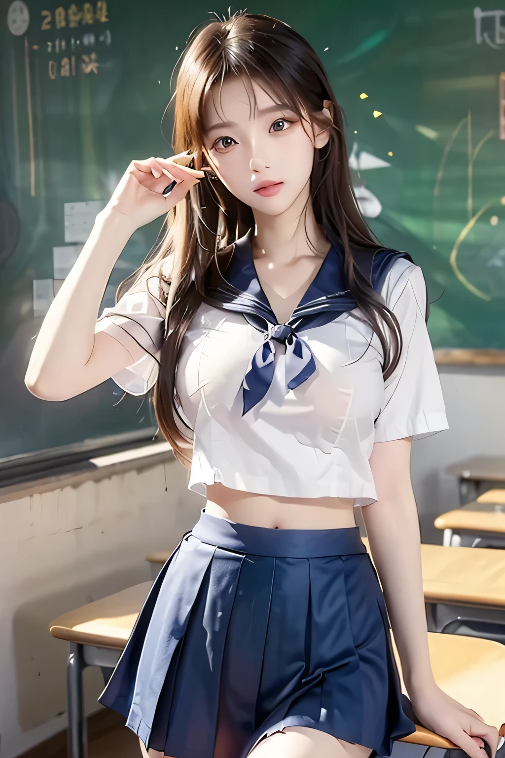 ( Super High Definition), (I'm looking over here), (school uniform:1.2, sailor suit, flared skirt), (Big Breasts:1.2), (Slimness:1.8), ( Read more:1.4), (thin thighs:1.4), ( thin hips:1.6), ( beautiful skin, shiny skin, white skin), (Super slim face, Super beautiful face, makeup, Smile :0.8), ( light brown hair, semi-long, layered cut , fluffy hair), ( big eyes:1.4, High corners of the eyes:1.6, double eyelids), (Thin eyebrows:0.1), ( small nose:0.6), ( thin lips:0.6), classroom