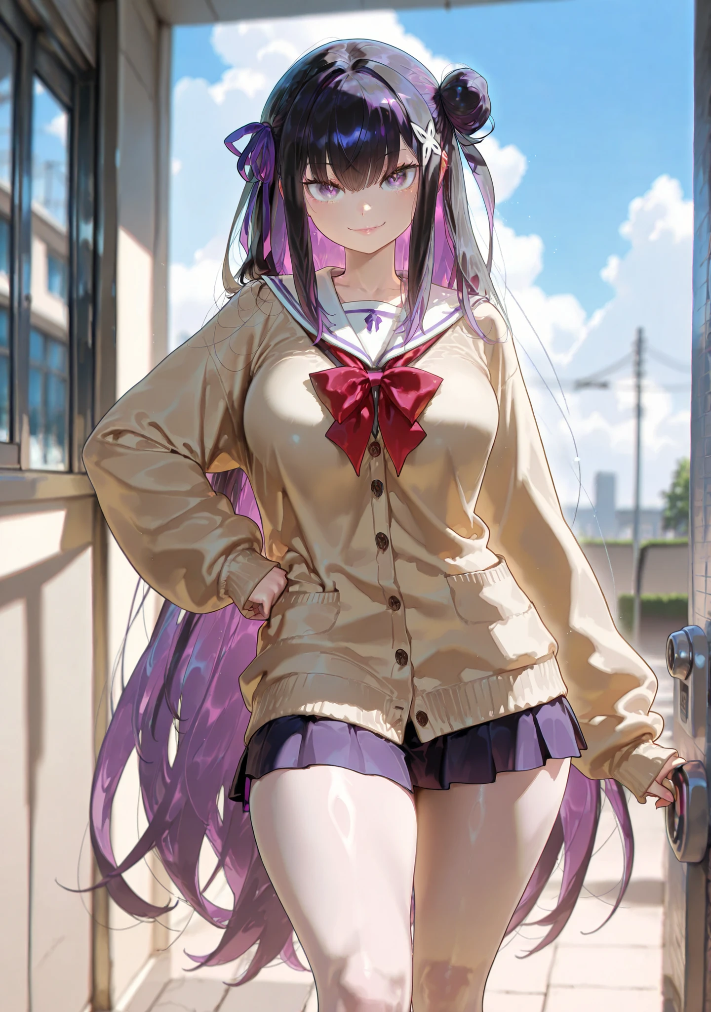 safe_pos, 1girl, Balecxi_Style, Emilia \(Re Zero)\ hairstyle, solo female, day time, indoor, high school, big breasts, loose hair, black hair, purple hair, colored inner hair, hair intakes, long hair, multicolored hair, one side up, two-tone hair, very long hair, golden eyes, curvy, thick thighs, long legs, high school uniform, oversized cardigan, piercing in the ears, short skirt, bare legs, white skin, sidelocks, eyes showing through hair, coy look, seductive look, smile, lips, one hand on the hip, detailed eyes, looking to the viewer, viewer in front
(masterpiece, best quality, absurdres, highres, very aesthetic, sensitive, high-quality eyes, focus on eyes, beautiful eyes, detailed eyes, Eye HD , detailed eyes, High definition)