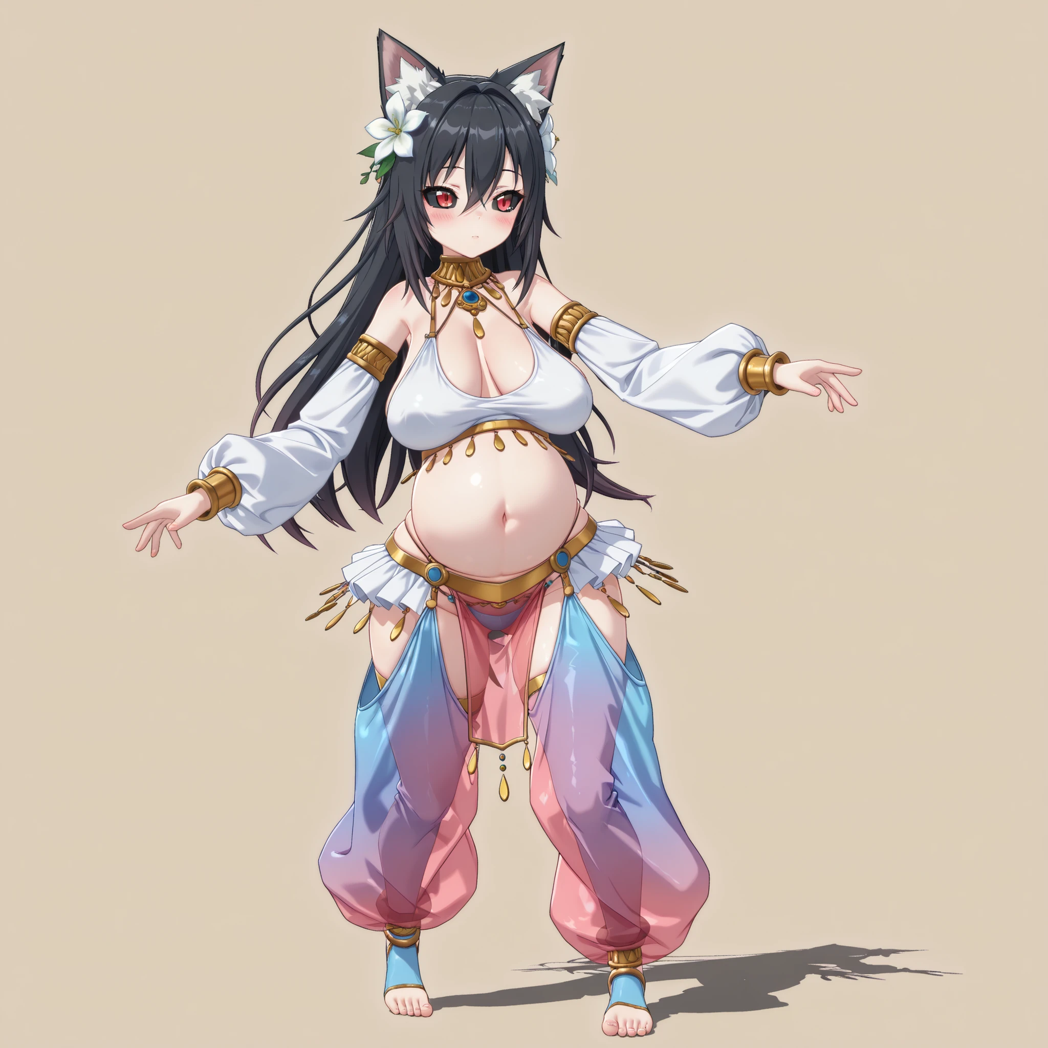 (1girl, solo, cat girl, black hair, long hair, hair between eyes, hair flower, red eyes, black sclera, cleavage, sagging breasts, midriff, navel, big belly, wide hips, harem genie outfit, long sleeves, sexy top, tiny panties, pelvic curtain, mini skirt, harem chaps, baggy loose oversized harem chaps, toeless socks, body jewelry, standing, dancing, blush, pleasure, stylish, graceful, charming, cute, full body, beautiful environment, gothicstyle, biyōjo, moe, 3d, zzzpony, beautiful aesthetic, simple background, masterpiece, best quality)