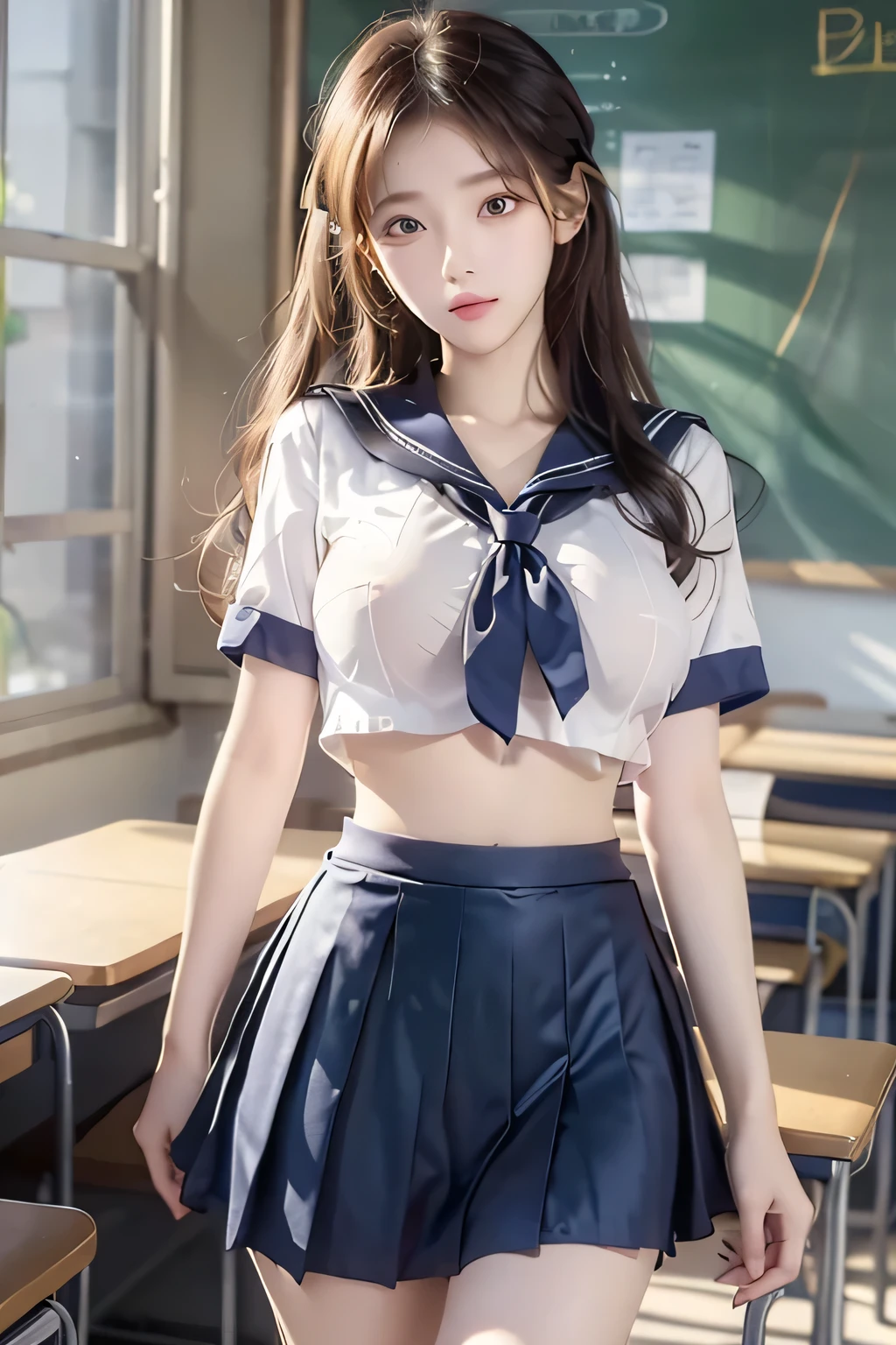 
( Super High Definition), (I'm looking over here), (school uniform:1.2, sailor suit, flared skirt), (Big Breasts:1.2), (Slimness:1.8), ( Read more:1.4), (thin thighs:1.4), ( thin hips:1.6), ( beautiful skin, shiny skin,  white skin), (Super slim face, Super beautiful face, makeup,  Smile :0.8), ( light brown hair,  semi-long,  layered cut ,  fluffy hair), ( big eyes:1.4, High corners of the eyes:1.6,  double eyelids), (Thin eyebrows:0.1), ( small nose:0.6), ( thin lips:0.6), classroom