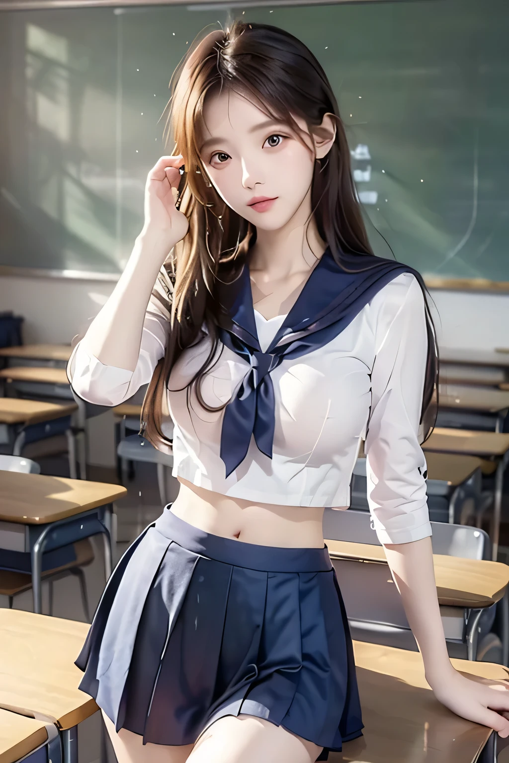 
( Super High Definition), (I'm looking over here), (school uniform:1.2, sailor suit, flared skirt), (Big Breasts:1.2), (Slimness:1.8), ( Read more:1.4), (thin thighs:1.4), ( thin hips:1.6), ( beautiful skin, shiny skin,  white skin), (Super slim face, Super beautiful face, makeup,  Smile :0.8), ( light brown hair,  semi-long,  layered cut ,  fluffy hair), ( big eyes:1.4, High corners of the eyes:1.6,  double eyelids), (Thin eyebrows:0.1), ( small nose:0.6), ( thin lips:0.6), classroom