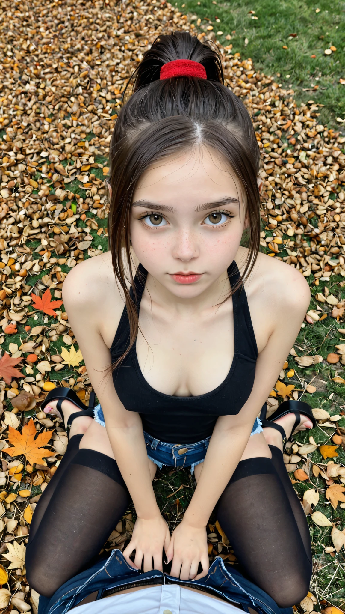 とてもyounger女の子 , god , pose , Subtle body , Slavic style , BIG GIANT SILICONE PONYTAIL , Deep Autumn , Fur sandals, white color , in a miniskirt, cute face, Look at the viewer, kneeling directly in front of viewers , flirting,(Denim Miniskirt)、 Black Tights , full body , 4K , Black Tights , Ties , Deep Autumn , , (top view:1.6),small hips,(younger:1.5),(Cute Hips)