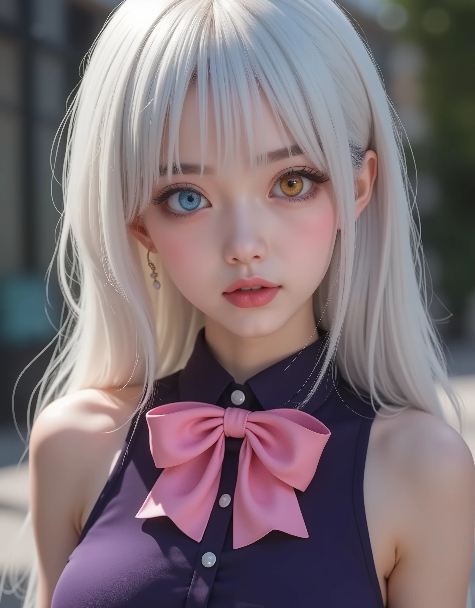 close up (hyperrealistic) by Elizabeth Liones,((white hair)),ultra-detailed eyes with ((heterochromia)) yellow gold and blue,emphasized bust,her outfit is a tight sleeveless dark purple shirt with its back exposed with white buttons,Wear a (pink bow tie),He wears his ((bare shoulders)),(RAW photo),(photorealistic),(hyperrealistic),(Masterpiece),(High Quality),(definition 8k ),(clothing),(resolución absoluta),(exquisite details),(hdr), estilo hyperrealistic,iridescent effects,background with heavenly atmosphere,motion picture lighting,dynamic contrast of light and shadow