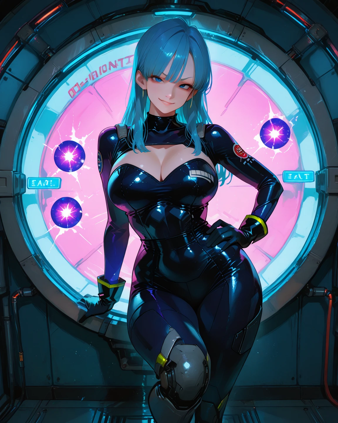 1girl, tomboy, pixie cut, very short hair, blue hair, blue eyes, black , cutout, large breasts, wide hips, thick thighs, neon trim, futuristic, science-fiction, tech, smile, smirk, smug, sword,