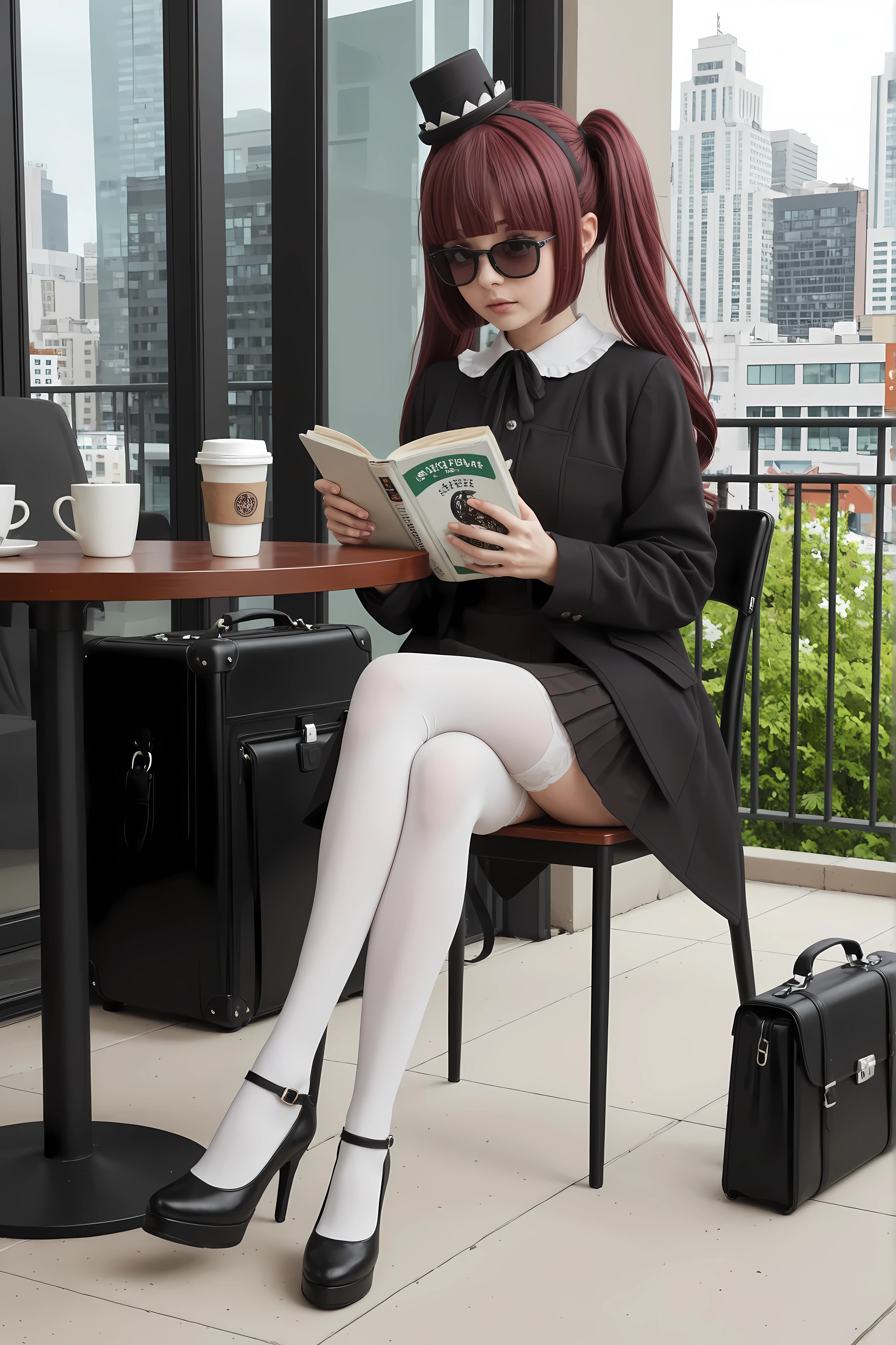 Quality like the picture, Super Detailed, 8K Wallpaper, Cafe Terrace Seats, Hanazono Yurine, white stockings, legs crossed, Woman reading a book, Hide your face with sunglasses and a hat, briefcase hidden under the table, with Eyes Wary of Her Surrounding, soft morning light, City hustle and bustle, Coffee Cup Steam, A sense of tension like in a spy movie, Secret Surveillance