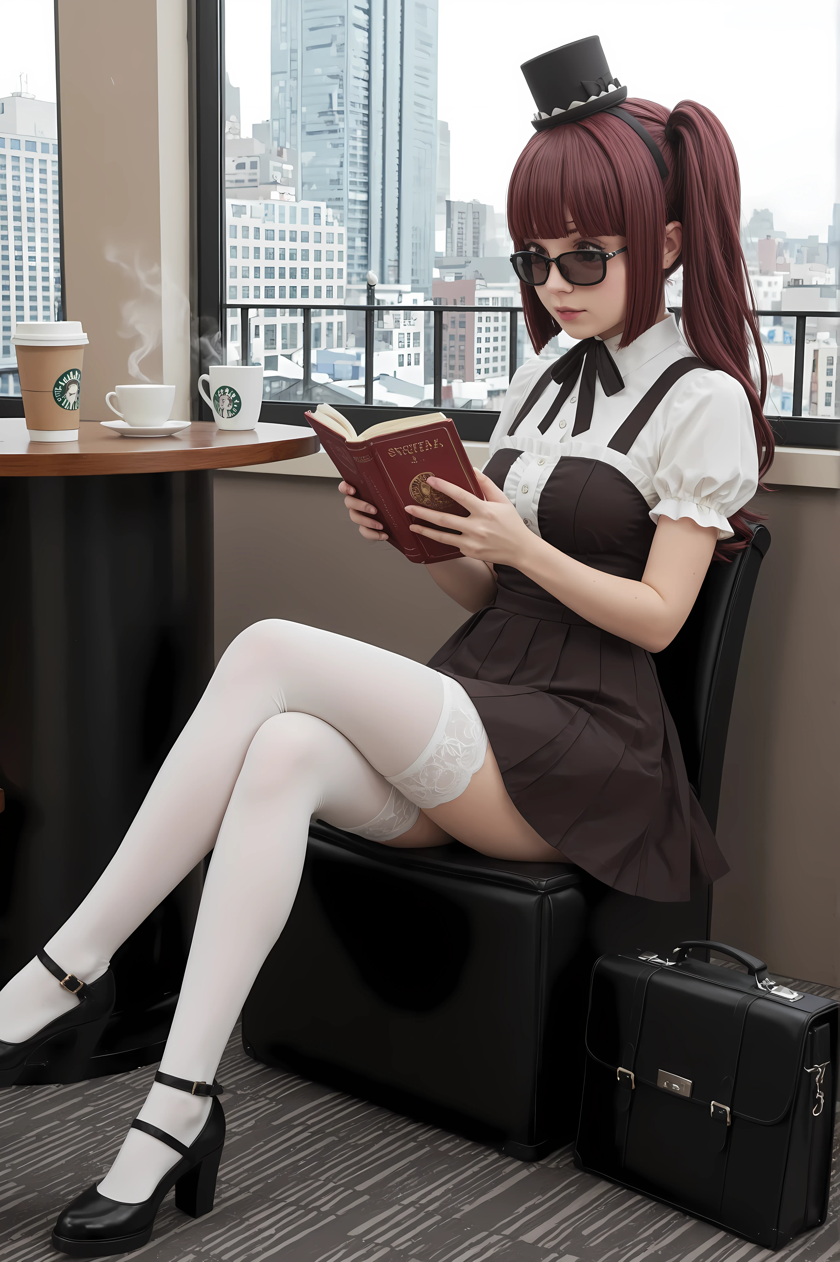 Quality like the picture, Super Detailed, 8K Wallpaper, Cafe Terrace Seats, Hanazono Yurine, white stockings, legs crossed, Woman reading a book, Hide your face with sunglasses and a hat, briefcase hidden under the table, with Eyes Wary of Her Surrounding, soft morning light, City hustle and bustle, Coffee Cup Steam, A sense of tension like in a spy movie, Secret Surveillance