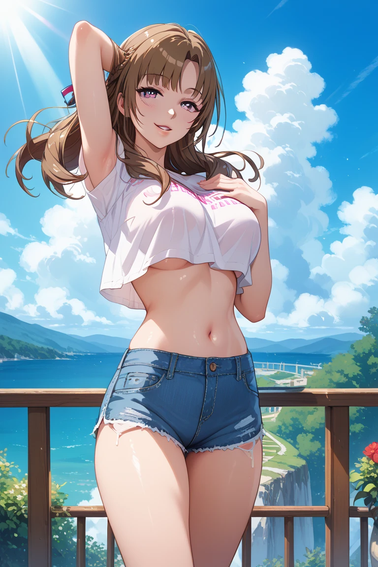 4k, June scenery, Beautiful ???? woman, long hair, brown hair, ??????????????, blue eyes, transparent clear shirt open revealing ???????,  Pink hot pants buttons and zipper open with wisps of public hair, neon Yellow heart necklace, looking at viewer,