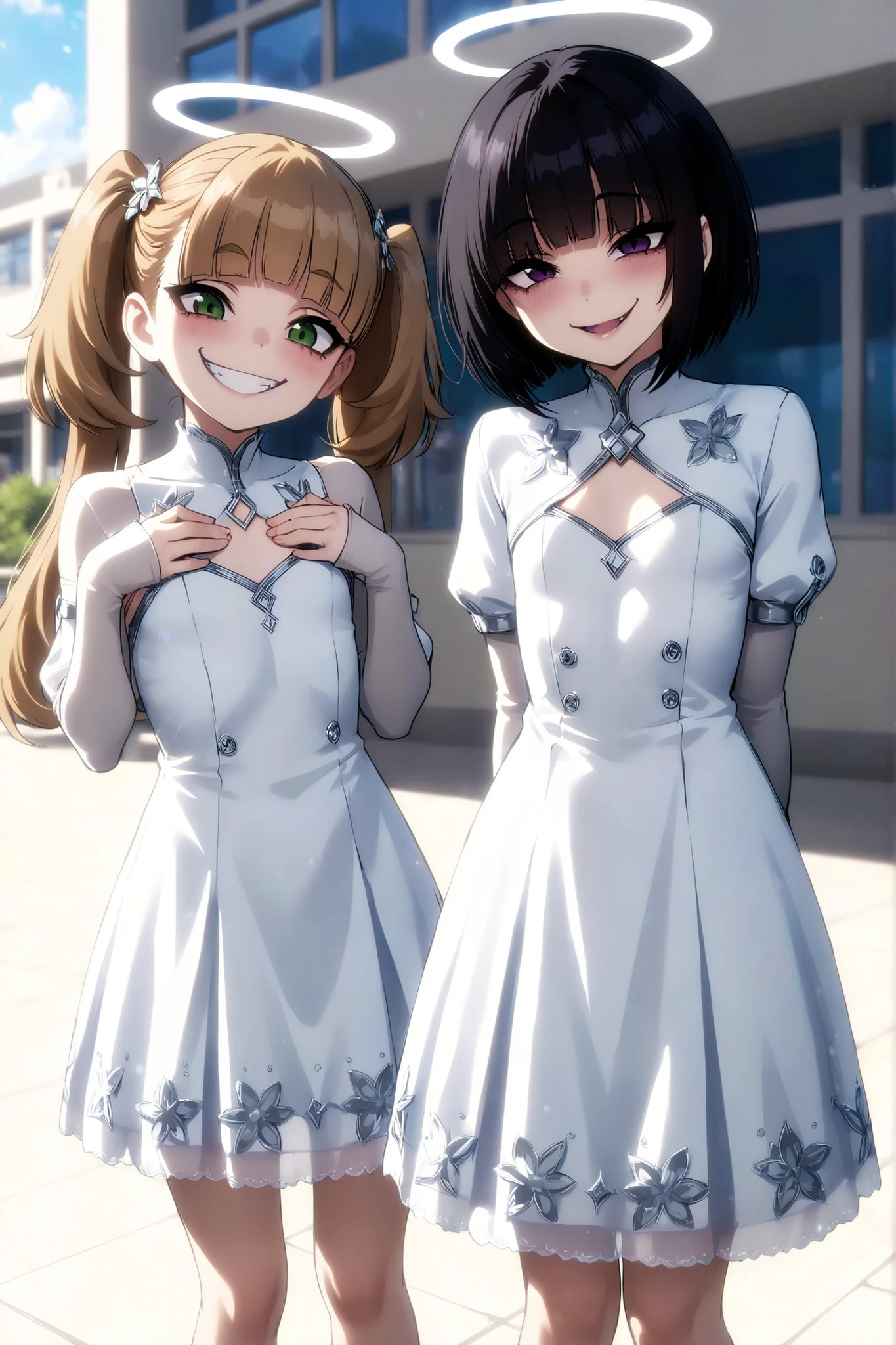Two little bully girls are standing closely together, dressed in the same beautiful white dresses with tight sleeves and knee-lenght skirts. Flat chest. Evil smile. Halo above their heads. Intricate floral silver ornament is covering their clothes, and they wear pretty berets that add a touch of formal style to their magical outfits. First girl with light-brown ponytails, the second with a short black hair. Their laughing eyes are full of disdain, both are scornfully mocking at you with cheerful smiles. The setting is frontal path to a futuristic school building with white walls and blue panoramic windows. Neat lawns are vibrant green under the summer sun. (masterpiece, detailed:1.2)
