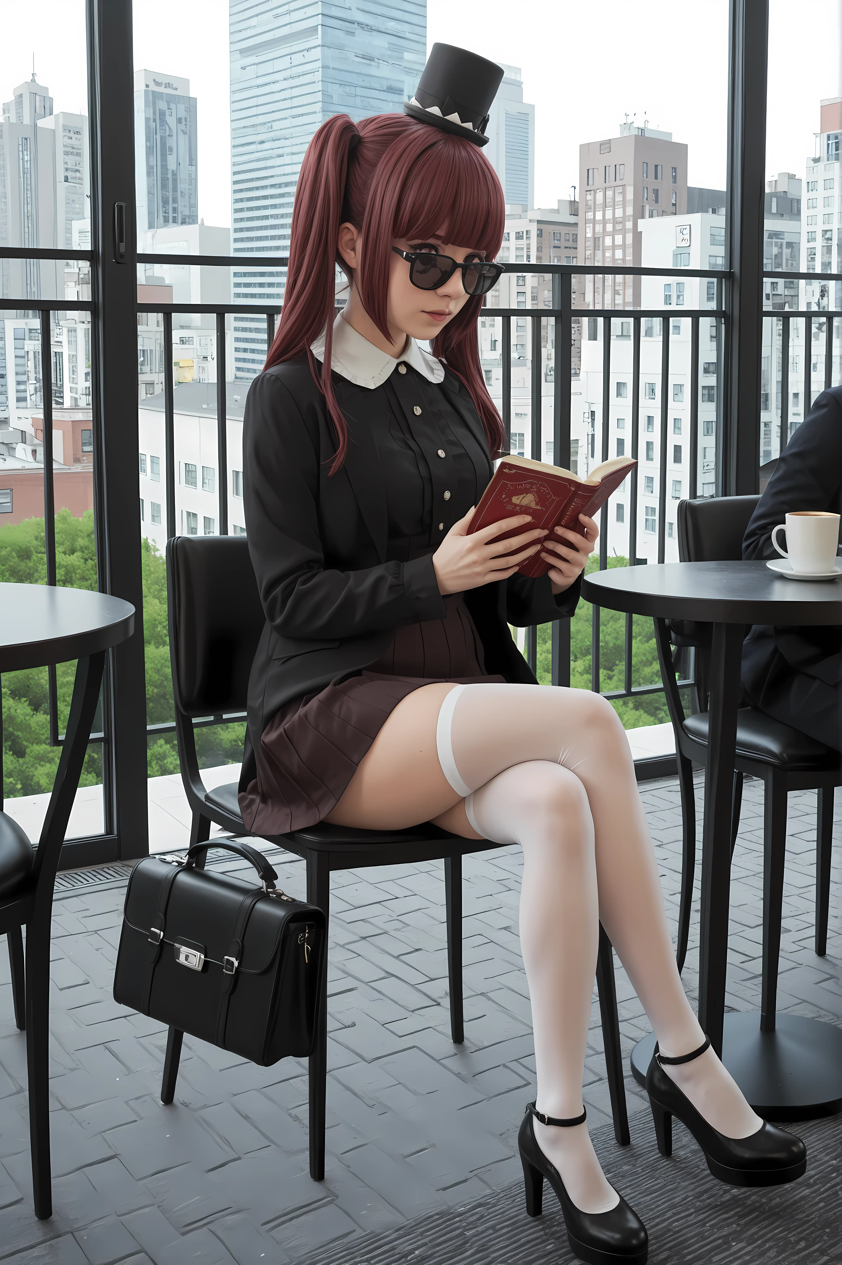 Quality like the picture, Super Detailed, 8K Wallpaper, Cafe Terrace Seats, Hanazono Yurine, white stockings, legs crossed, Woman reading a book, Hide your face with sunglasses and a hat, briefcase hidden under the table, with Eyes Wary of Her Surrounding, soft morning light, City hustle and bustle, Coffee Cup Steam, A sense of tension like in a spy movie, Secret Surveillance