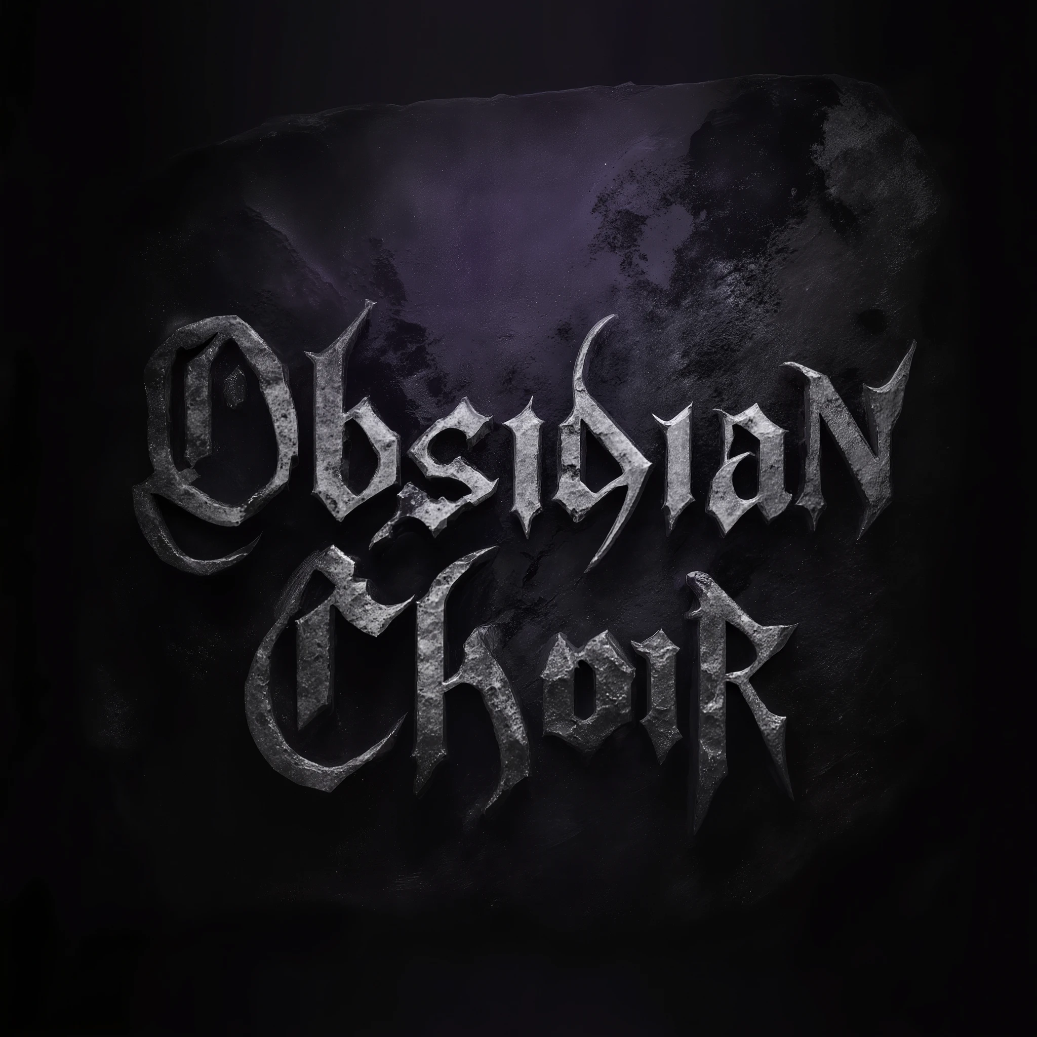 An atmospheric and deeply mysterious logo for "Obsidian Choir" in a Dark Ambient/Atmospheric Metal style. The typography should be subtle, eroded, and somewhat fragmented, appearing as if etched into a vast, ancient obsidian monolith that has endured ages. The letters are angular but not aggressive, suggesting a deep, resonant hum or a whisper carried on the wind. The background texture around the text should hint at the smooth, reflective surface of obsidian, catching faint, distant light. The words should feel like an echo within a grand, dark space. The color scheme is dominated by deep, matte blacks, charcoal grays, and the faintest glimmers of dark purple or deep blue, creating a sense of profound stillness and ancient power