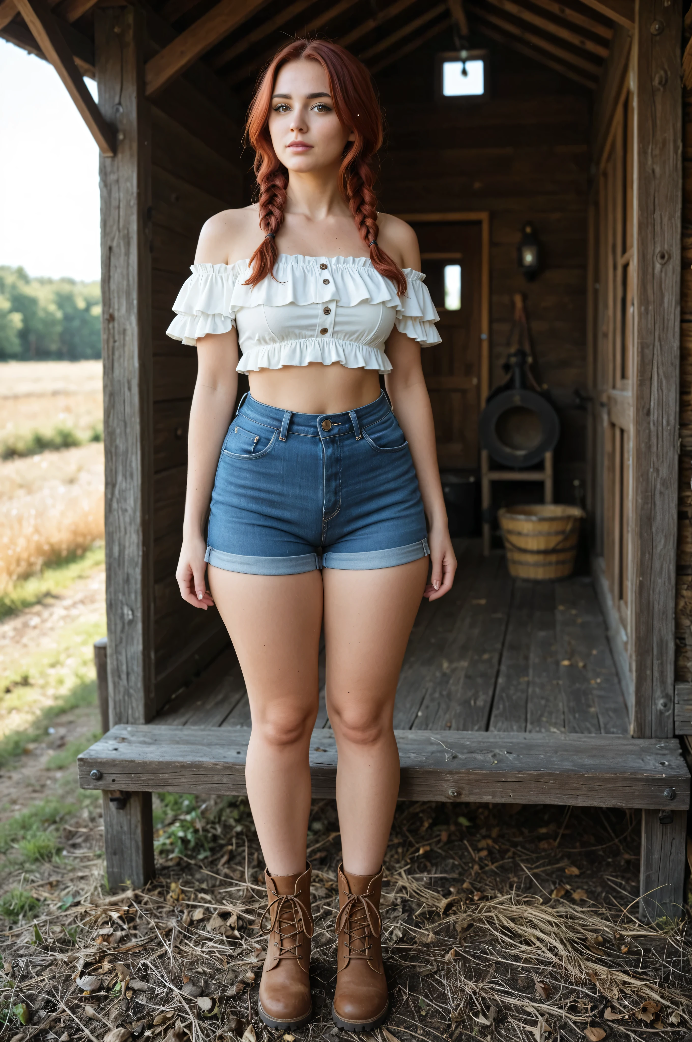 Obra-prima, melhor qualidade, incredible quality, very aesthetic, absurdres, obra-prima, [1mulher, only, retrato, rosto redondo, olhando para longe, thick eyebrows, olhos azuis, sardas, cabelo avermelhado, Twin braids, ruffled top and cut, Strapless, ombros nus, medium breasts, shorts jeans, coxas grossas, botas de tornozelo, ao ar livre, campo, in a forest cabin, cinematic light, film grain, highlighting the contours, texturas ricas, realistic skin texture, de alta qualidade, ultra-detalhado, high resolution, shallow depth of field, fundo desfocado