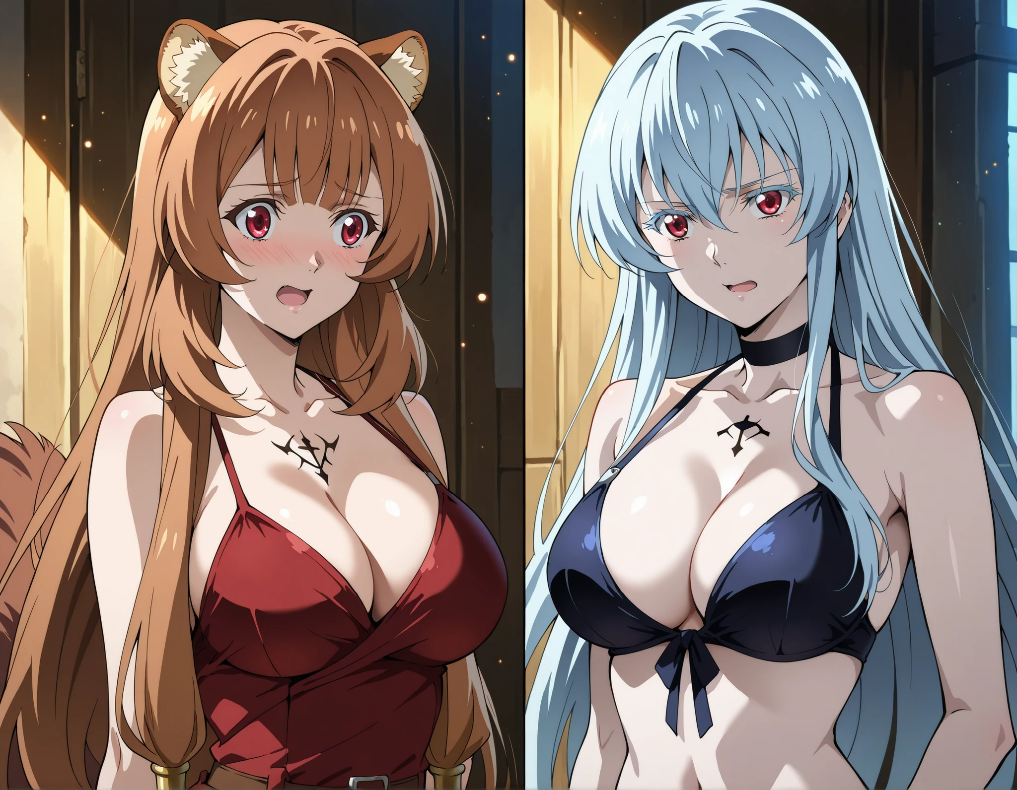 Two women standing by a lake illuminated by the moon.
esdeath (akame ga kill) She appears with her light blue hair, smooth and loose, bright blue eyes, light blue eyelashes and pale skin, figura slender y medianos a pechos grandes; smug expression.
Next to her is Raphtalia (the rising of the shield hero), with soft orange hair, Red Eyes, fluffy ears and fluffy tail; slender, From medium to large breasts , and with an embarrassed expression with a slightly open mouth Both are side by side, , both wear light blue and red bikinis with gold. Their skin reflects bluish flashes under moonlight; the place is shrouded in humid air, a faint haze and bright particles floating in the environment. The scene transmits a playful and morbid tension, complicit glances and mischievous energy between them. ultra detailed anime style, dramatic lighting, impeccable finish, 4K resolution, masterpiece style.

