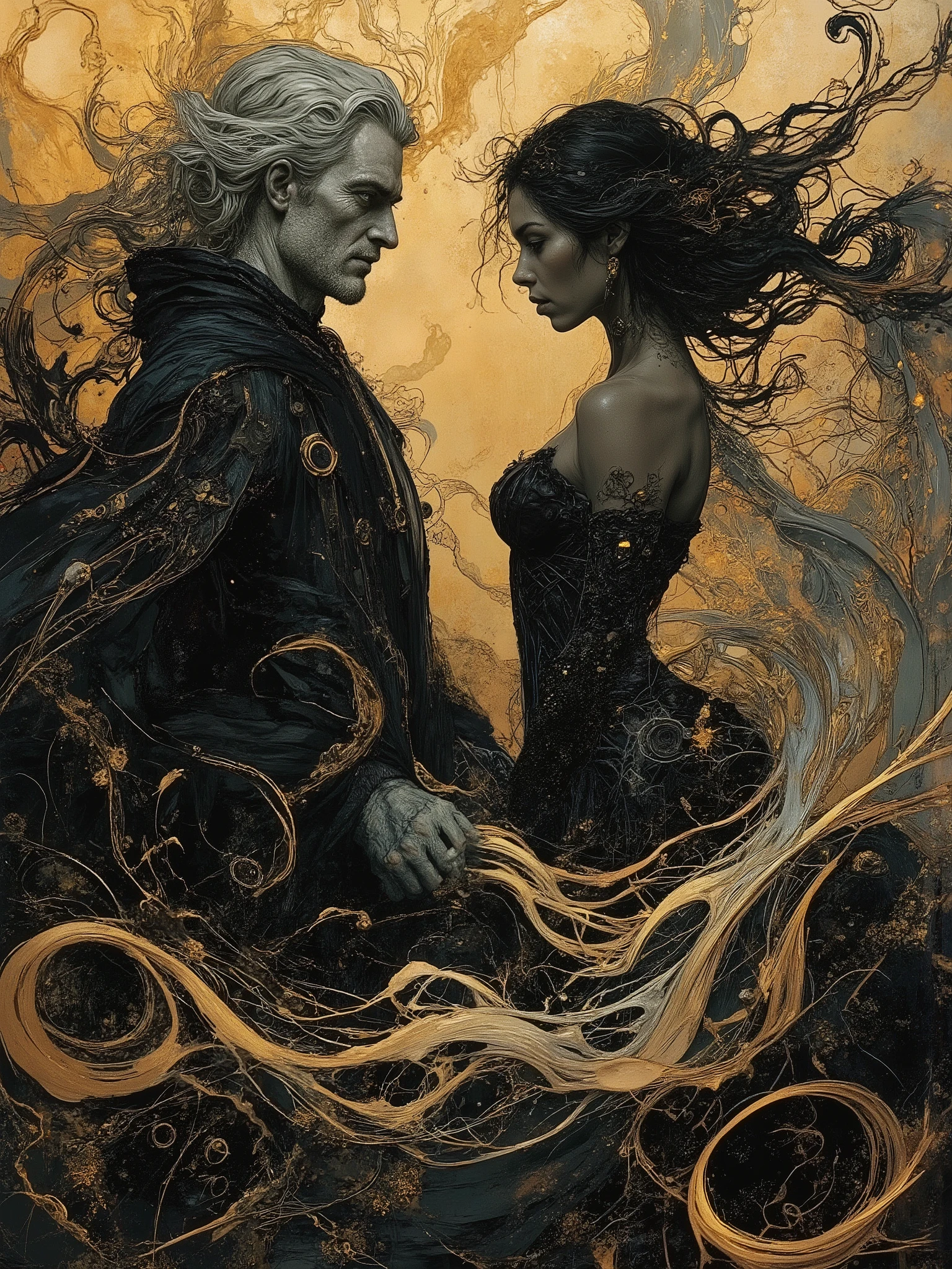 ( one male)A male wizard and (one female) witch. Wizard is 40, beardless, clean shaven silver haired and handsome with aquiline features with a slender muscular frame dressed in impeccable style with dark coat, vest and leggings. The witch is 5 foot 8, half black and half caucasian, thick in the thighs and ass, curvy and round, and slimmer up top, beautiful with light brown skin cute features , dimpled cheeks and dark curly hair small natural perky breasts , in a low cut dress thats black and silver, mesmerizing in her beauty, shining with inner light and perspiration. They are combining their magics in a swirl of energies that are contrasted greatly because their opposite natures fit perfectly. The world around them shudders at their power and beauty, the harmony of opposites realized and unified in a sacred marriage of existence, light and dark, male and female, all the elements, fire air earth water and spirit, time is dilated and at the center, is a great love that has lasted countless lifetimes. Done in a surreal vivid expressionist style full of power, balance and terrible beauty full of detail and abstract in the swirl of energies.