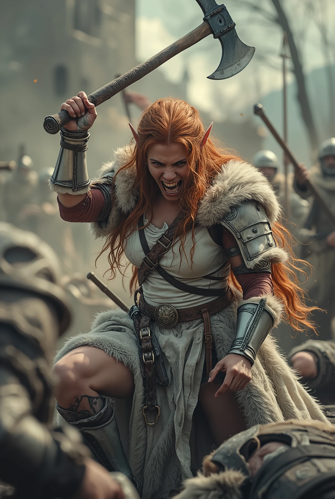 close up,realistic photo, в центре кадра эльфийская девушка-Barbarian(fantasy,farvar warrior with a large two-handed ax),(elf girl (Tolkien) redhead,white leather,bodybuilder's muscular body,ожеды Barbarianа из шкуры медведя и метеоритного железа,in her hands is a large two-handed ax with which she cuts enemies (medieval wars) around him, a grimace of anger on her face,A warlike cry,the thick of battle,axe strikes,enemies fall hit by her blows,Dynamic scene, battle,muscular sports fignura,Barbarian,
dynamic pose,рубит axe strikes,(a two-handed ax in her hands,