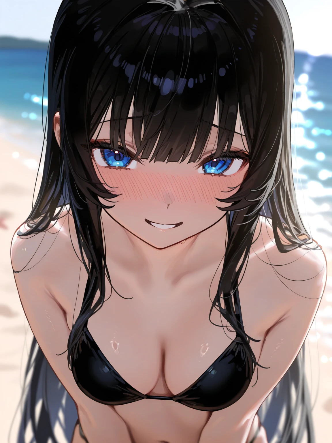 1girl looking at viewer. pov. close up. sitting. brown/black hair. messy hair. (parted hair, parted bangs, no bangs) beautiful face. perfect face. pretty face. white skin. blue eyes. perfect eyes. beautiful eyes. expressive eyes. lipstick. woman. milf. shy. shy smile. blush. perfect . wide hip. very tall. perfect body. bearing . close view. black tanktop. sitting on the beach.