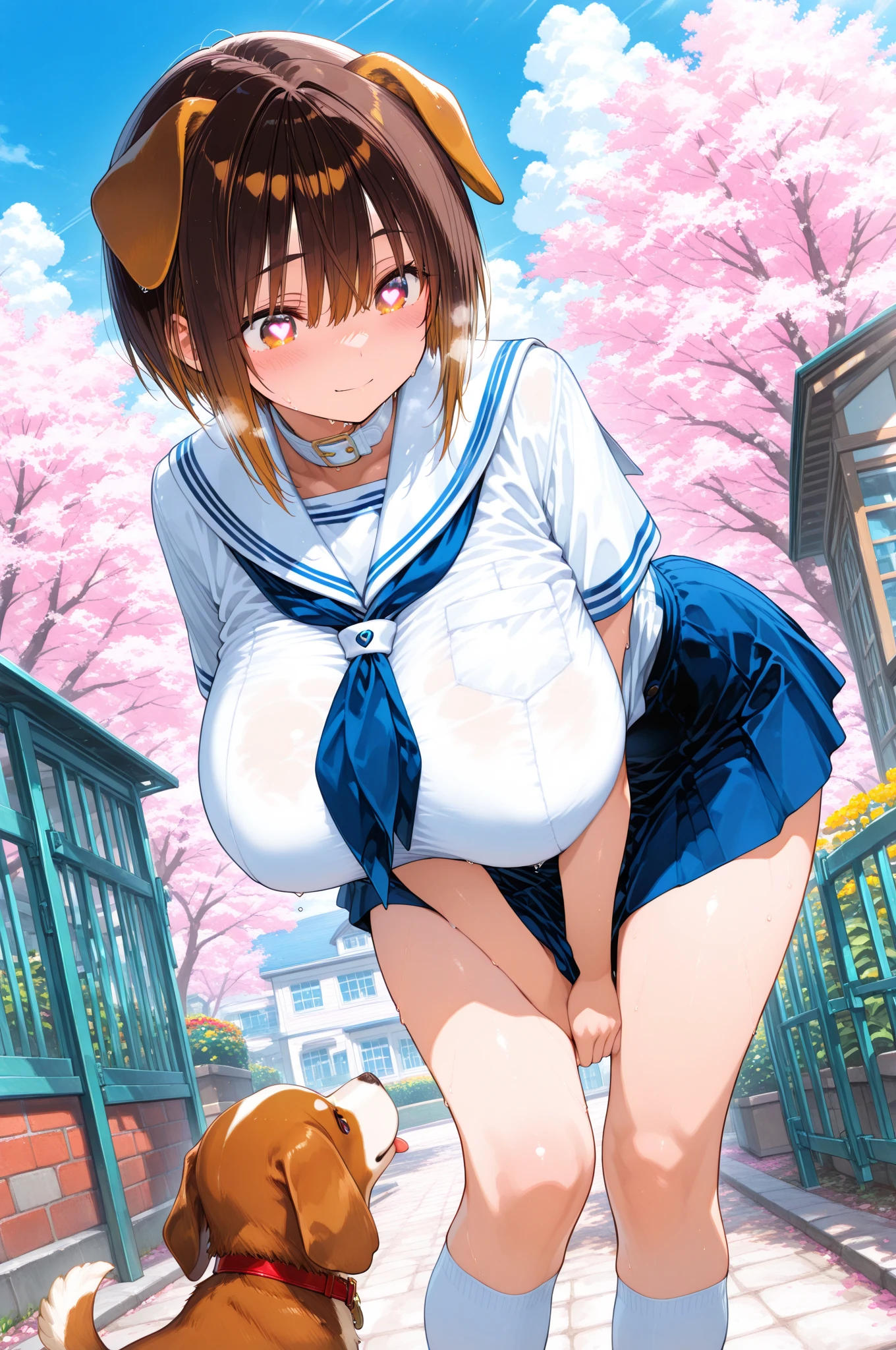 Highest quality,masterpiece, Highest Resolution, , Sailor uniform, 1 girl, , ,pink , belly button,outdoor, blush, standing, horse ears, horse tail